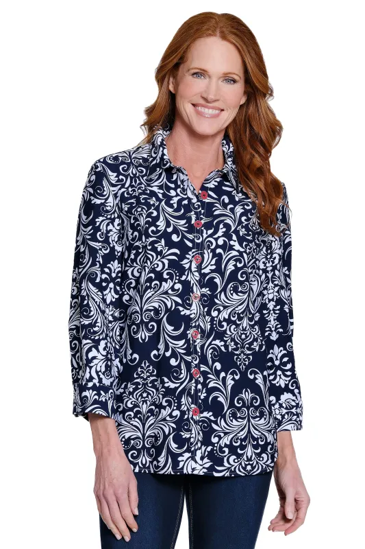 Print Cotton Button-Front Tunic - Petite - Navy Print sold by Ail Miles Clothing