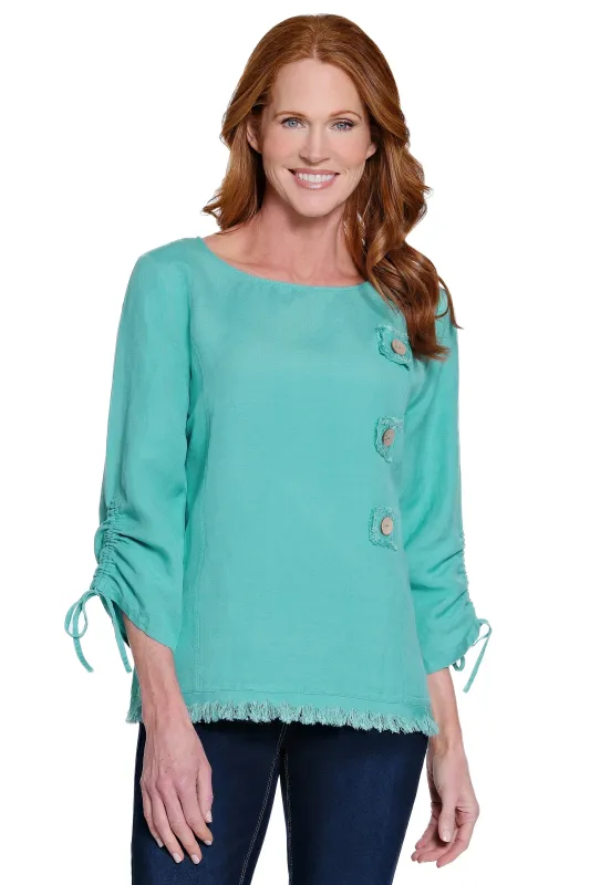 Linen Blend Tunic with Fringe Trim - Plus - Seafoam sold by Ail Miles Clothing