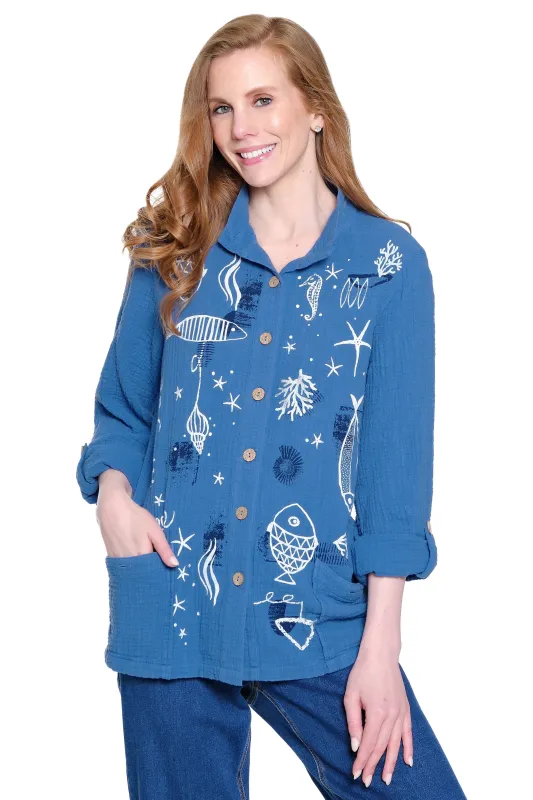 Print Woven Button-Front Tunic - Denim sold by Ail Miles Clothing
