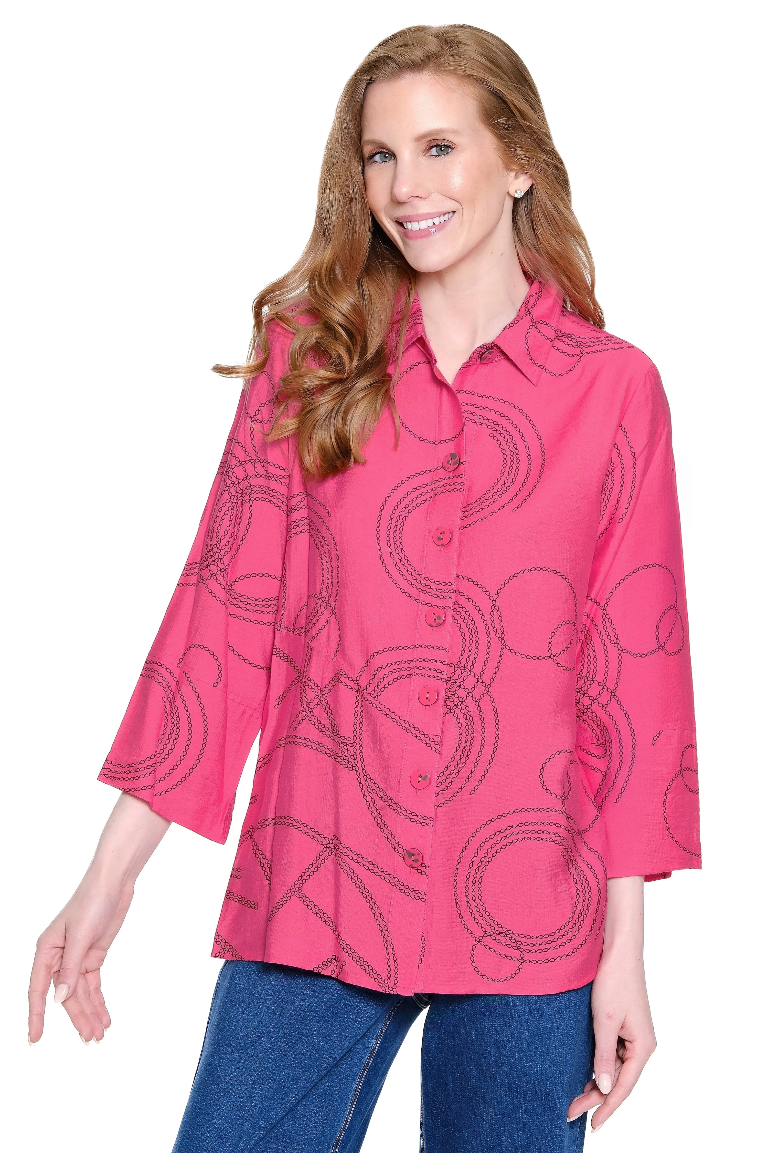 Stretch Woven Print Tunic - Raspberry sold by Ail Miles Clothing
