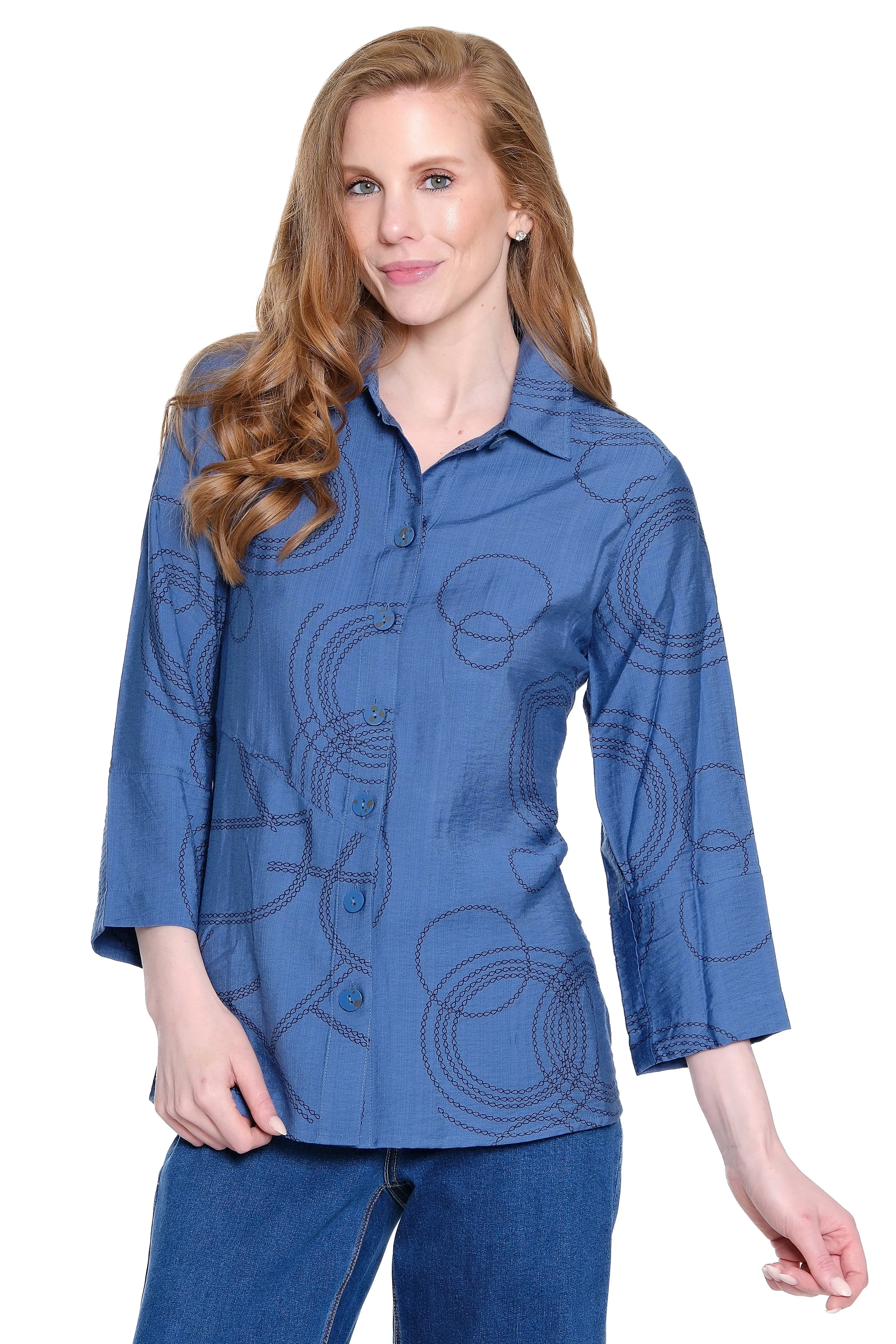 Stretch Woven Print Tunic- Indigo Blue sold by Ail Miles Clothing