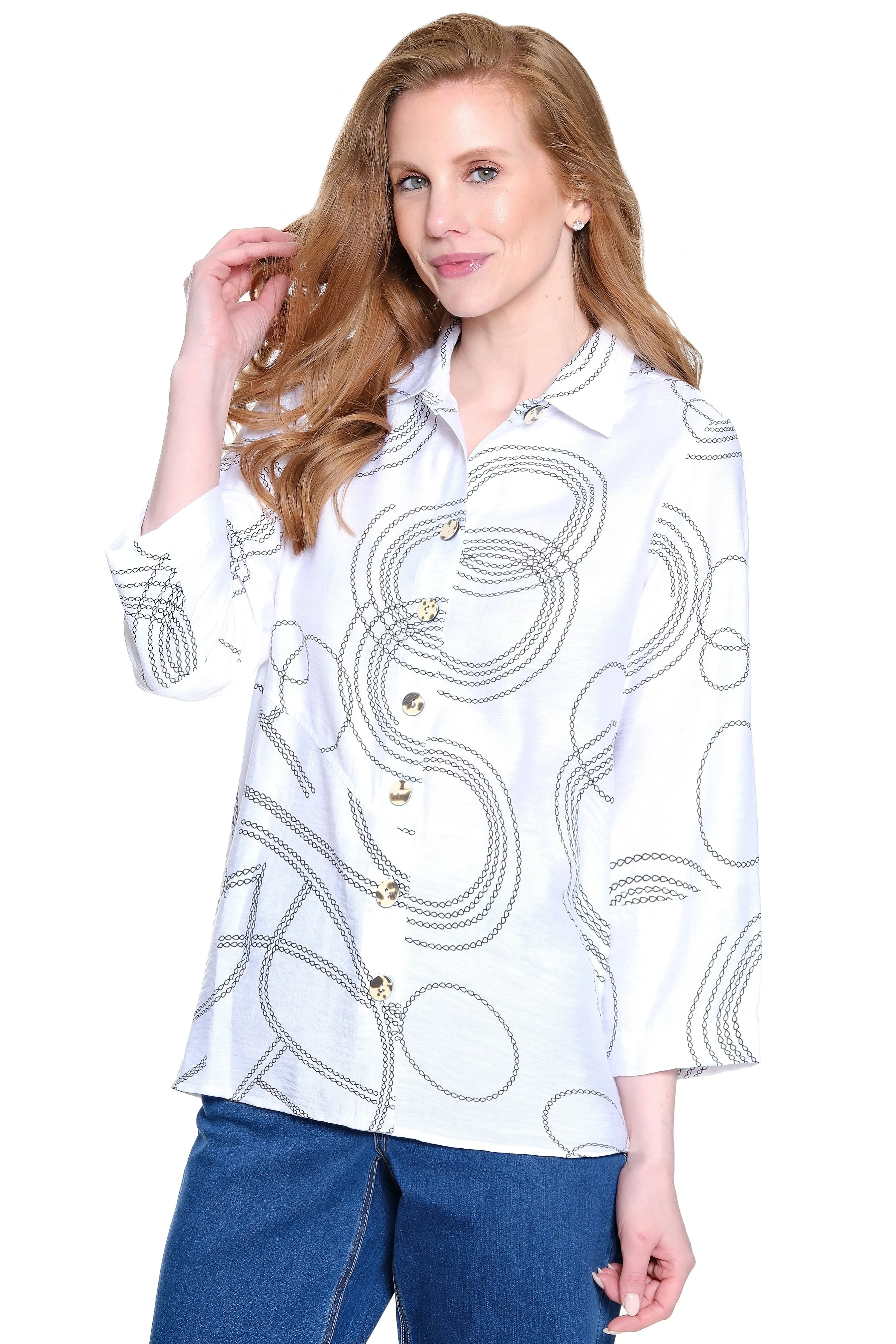 Stretch Woven Print Tunic- Plus - Black/White Print sold by Ail Miles Clothing