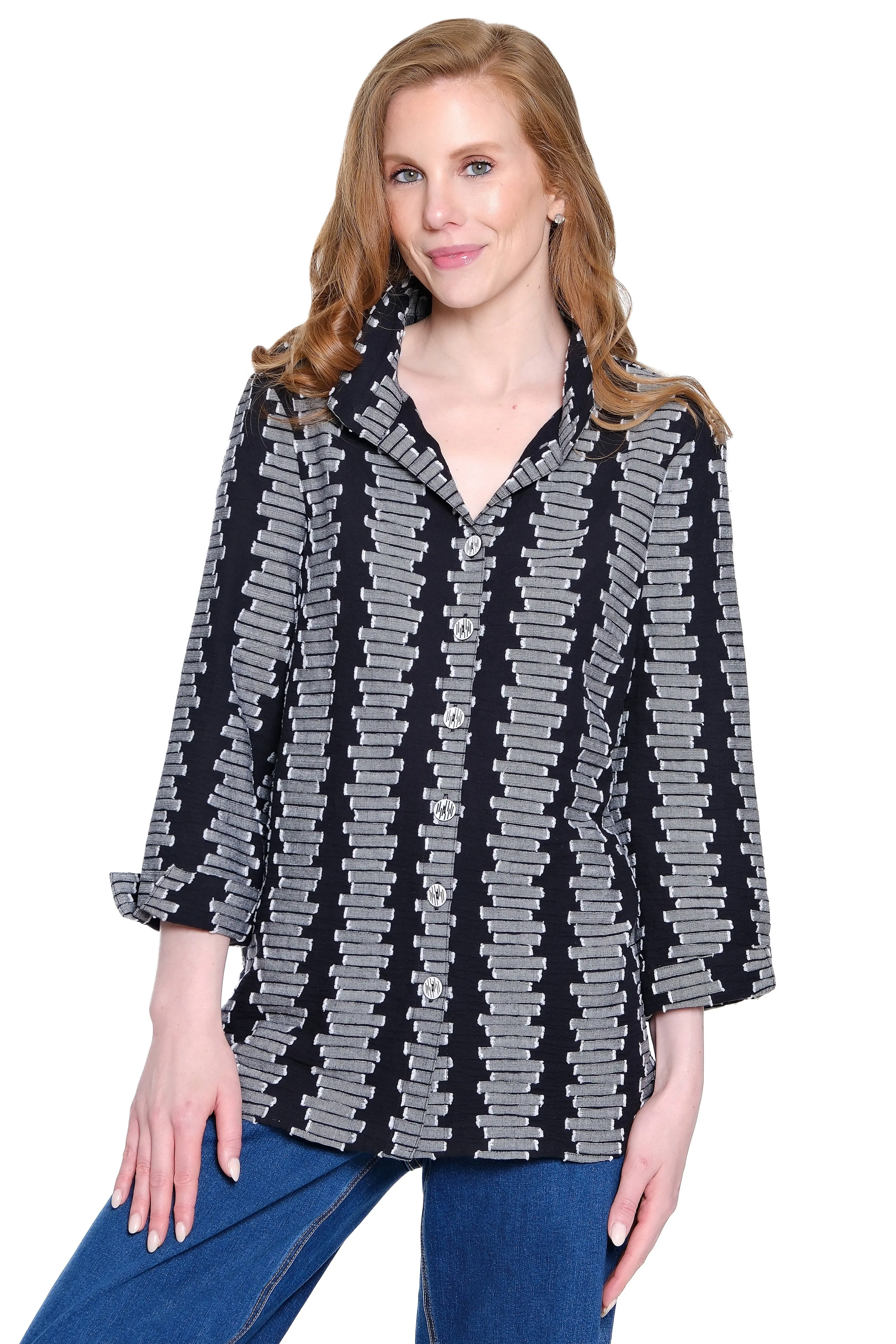 Woven Jacquard Tunic with Wire Collar - Plus - Black/White sold by Ail Miles Clothing