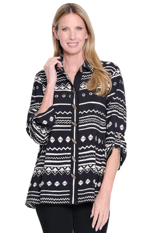 Print Tunic with Roll Tab Sleeves and Asymmetrical Hem - Petite - Black/White sold by Ail Miles Clothing