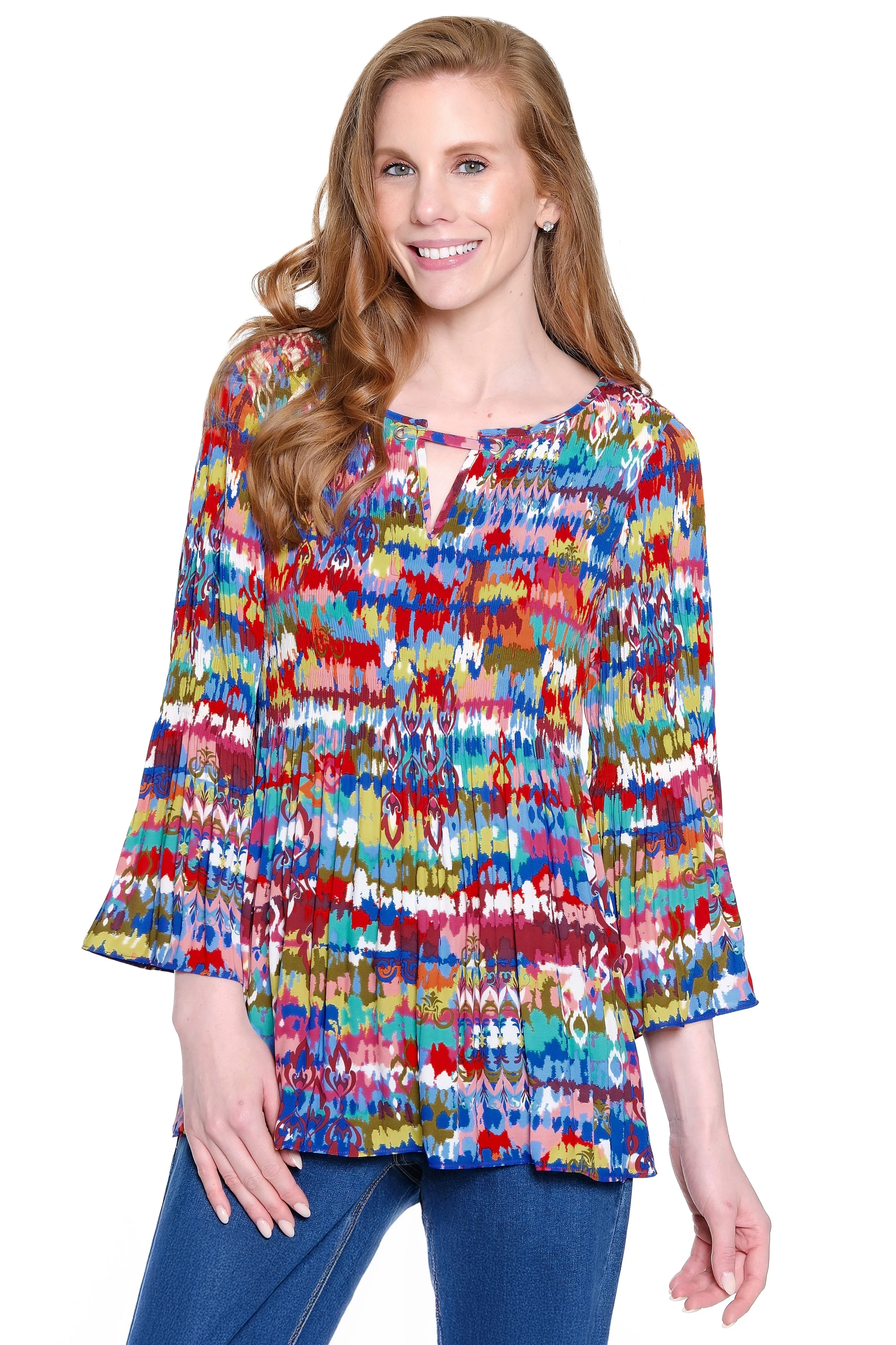 Split Neck Tunic with Flounce Sleeves - Petite - Ikat Multi sold by Ail Miles Clothing