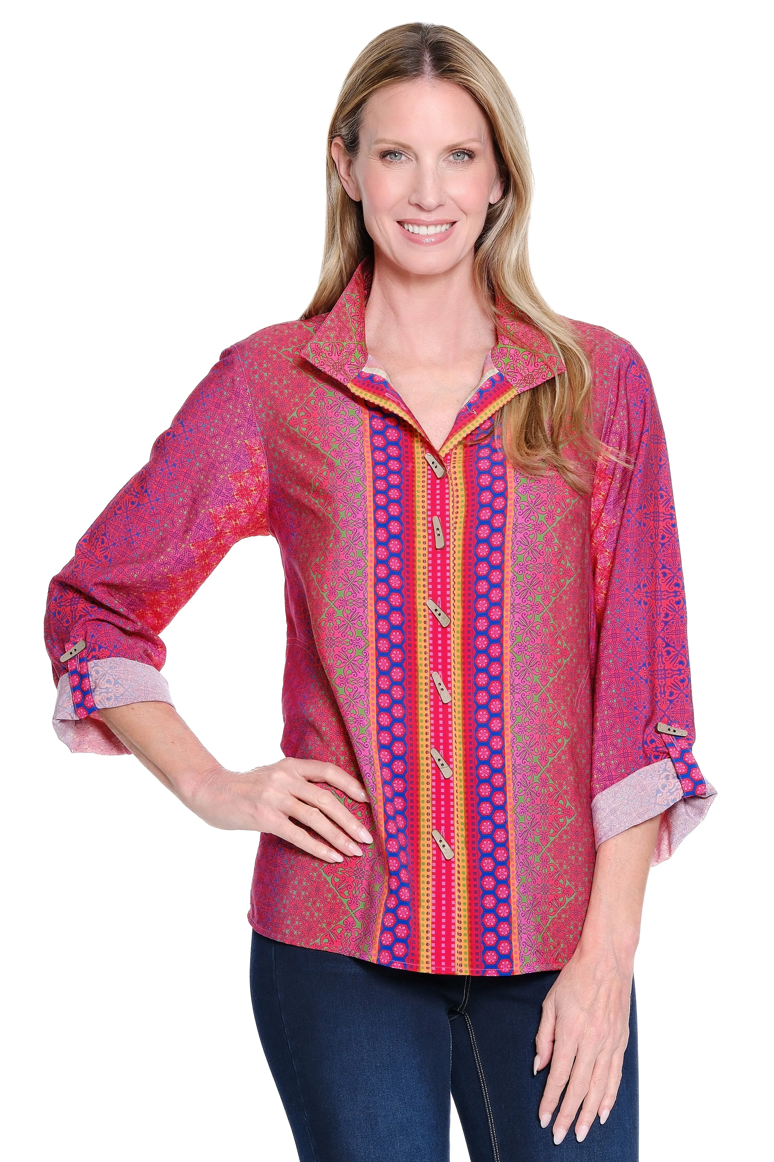 Woven Button-Front Tunic with Wire Neck - Petite - Multi sold by Ail Miles Clothing