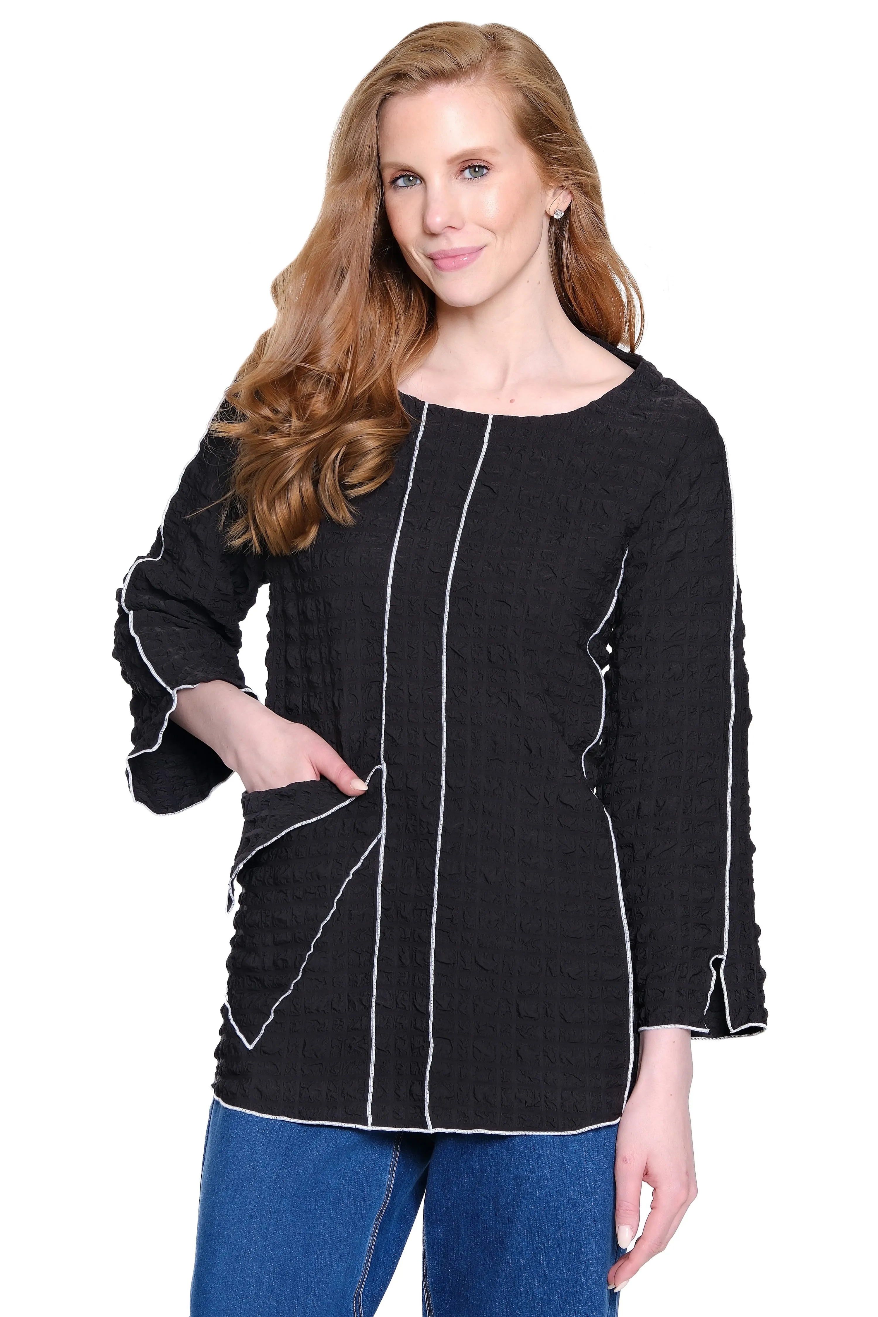 Textured Tunic with Front Pocket - Black/White sold by Ail Miles Clothing