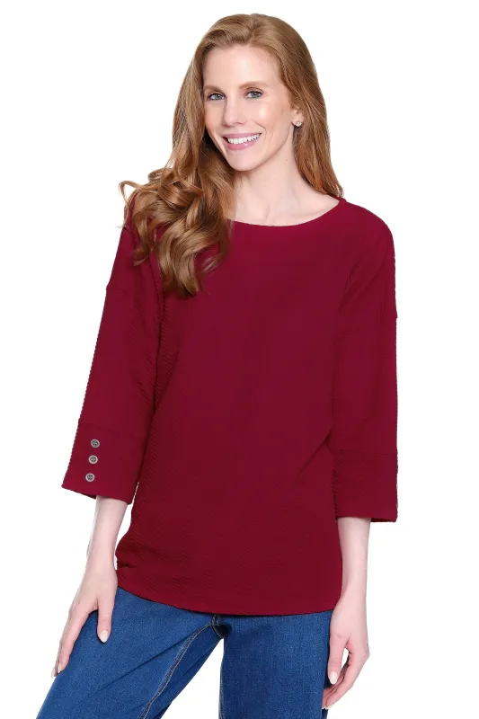Textured Knit Tunic with Button-Detail Sleeves - Red sold by Ail Miles Clothing