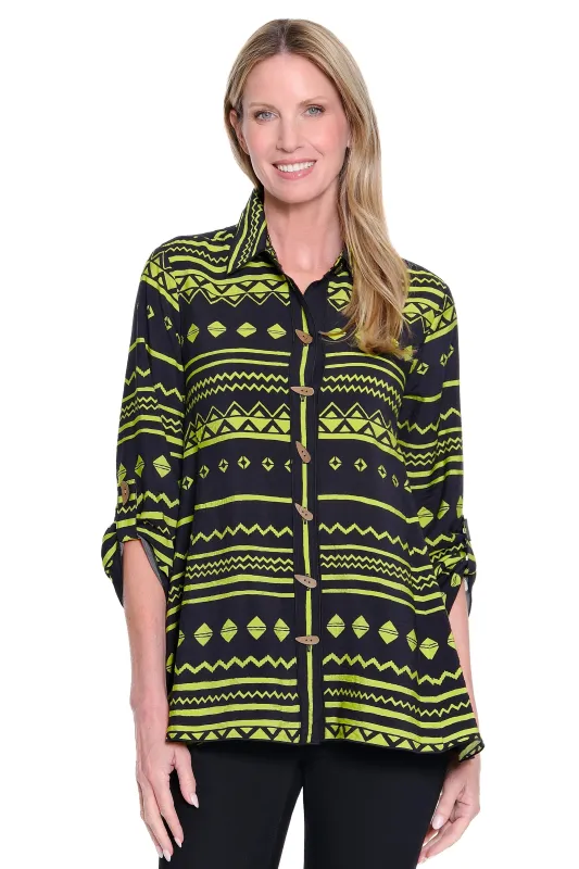 Print Tunic with Roll Tab Sleeves and Asymmetrical Hem - Citron sold by Ail Miles Clothing