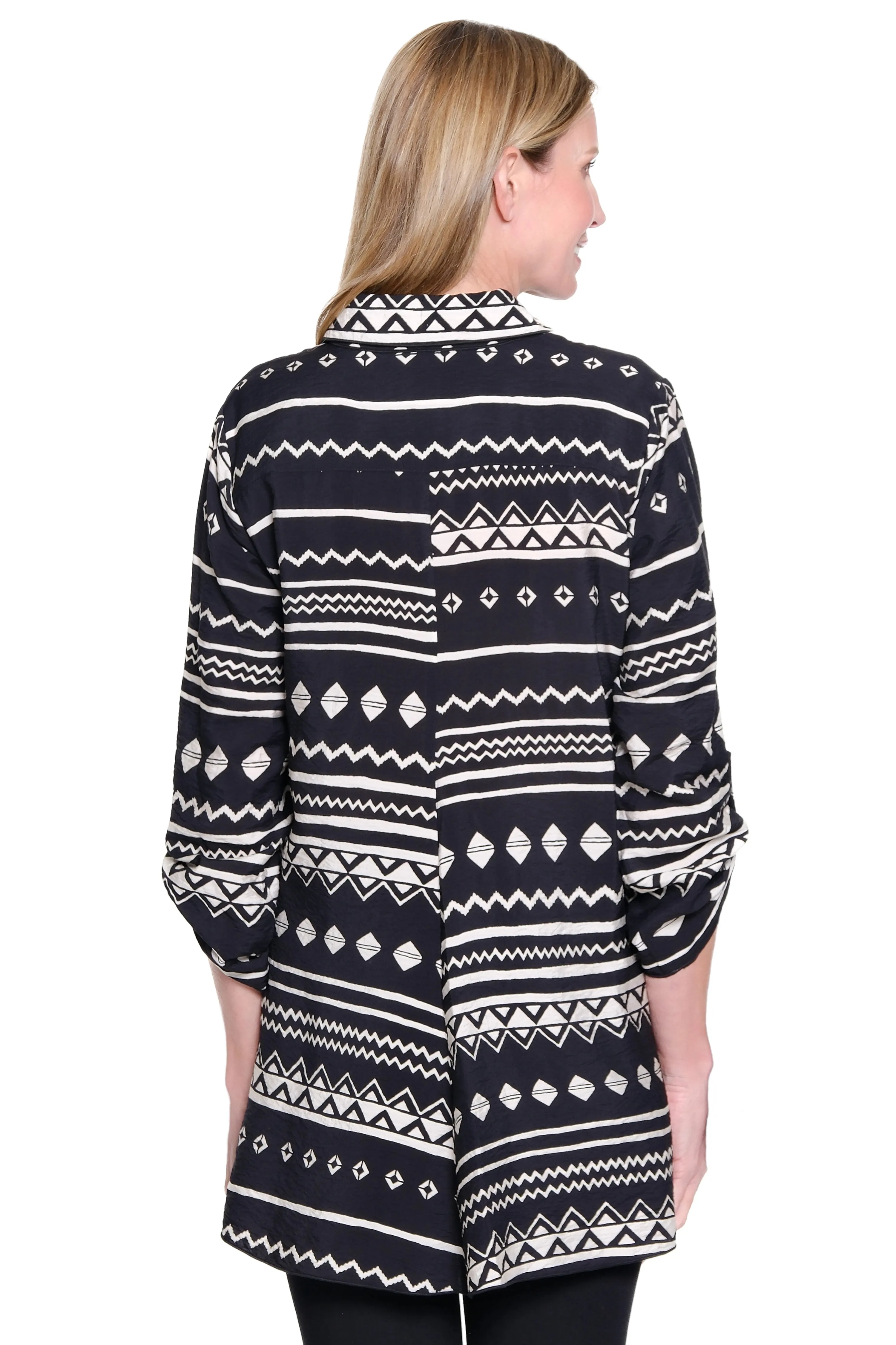 Print Tunic with Roll Tab Sleeves and Asymmetrical Hem - Black/White sold by Ail Miles Clothing product image thumbnail 2