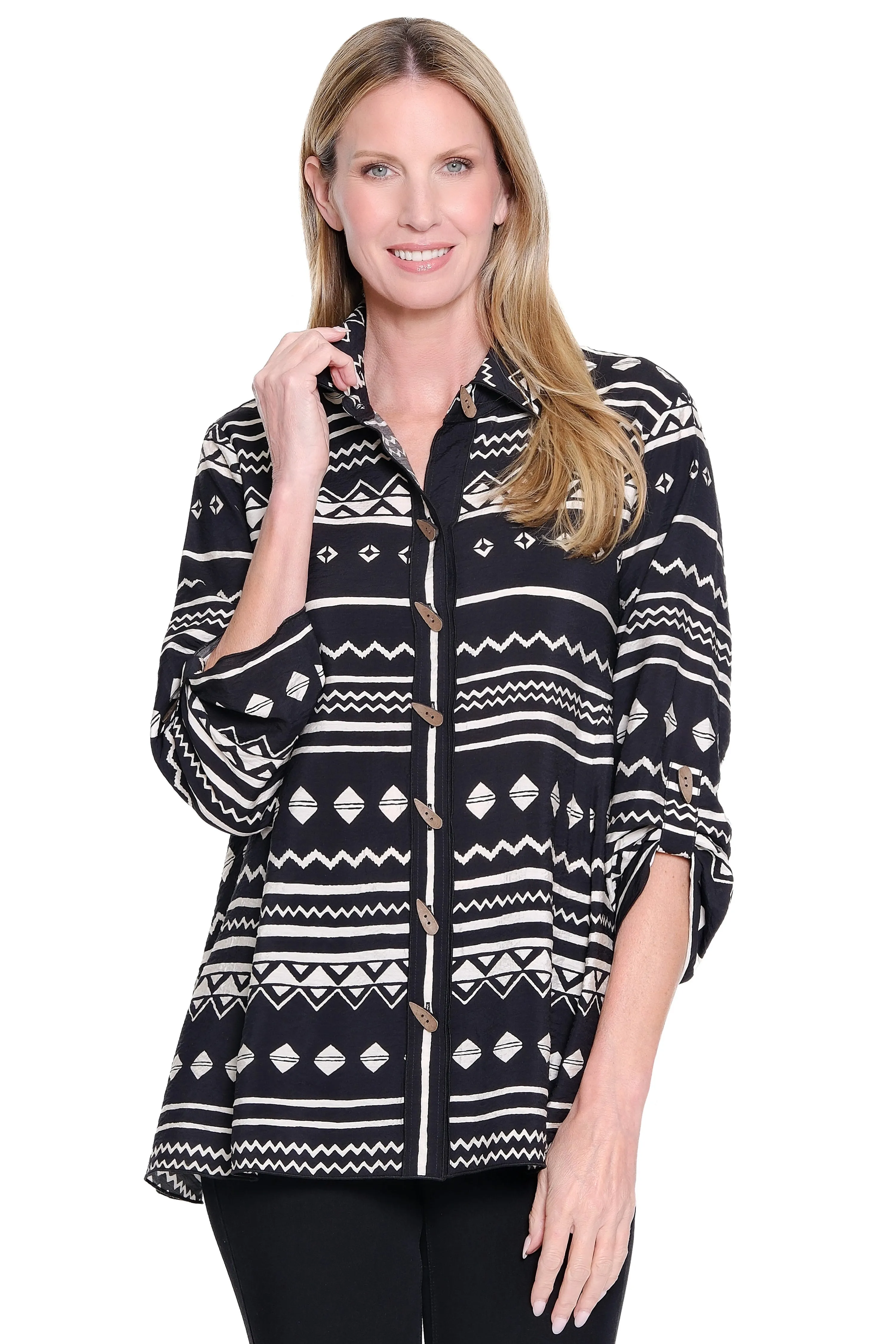 Print Tunic with Roll Tab Sleeves and Asymmetrical Hem - Black/White sold by Ail Miles Clothing