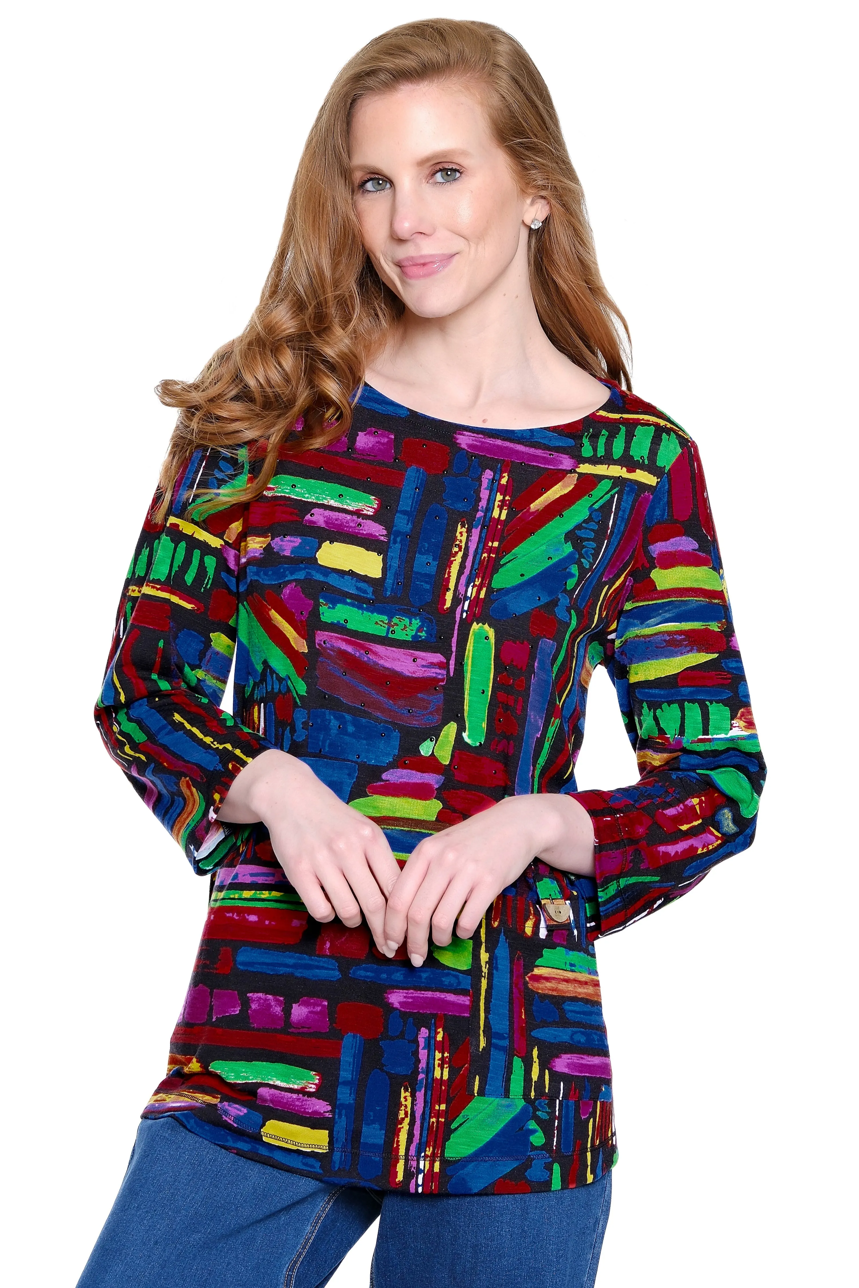 Printed Knit Tunic with Tab Pocket Detail - Multi sold by Ail Miles Clothing