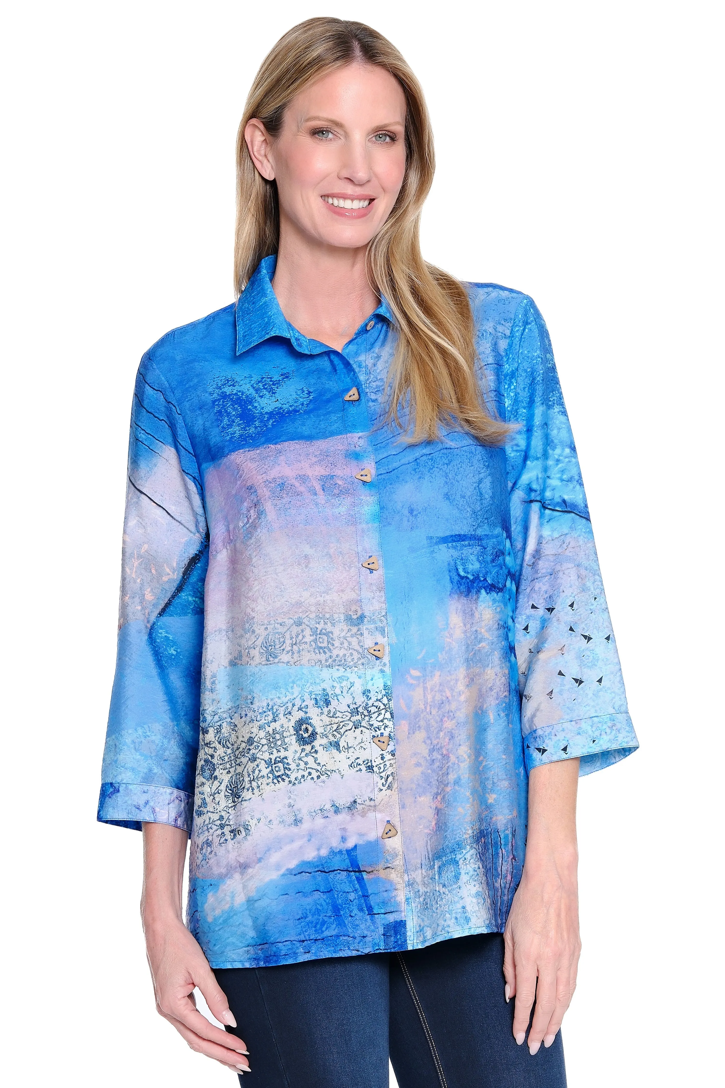 Button-Front Tunic with Back Button Detail - Blue Multi sold by Ail Miles Clothing