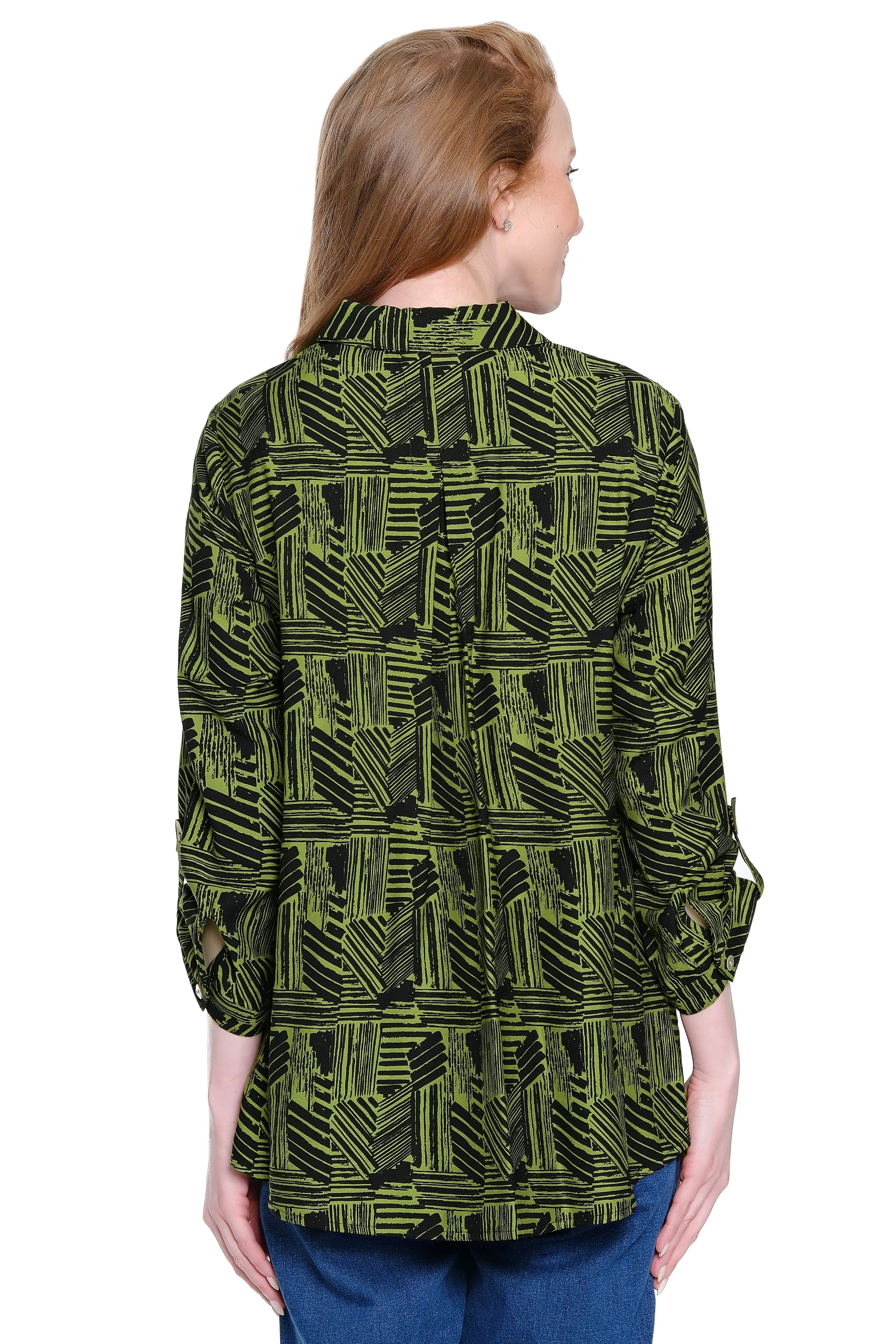 Print Tunic with Button Tab Sleeves - Olive sold by Ail Miles Clothing product image thumbnail 2