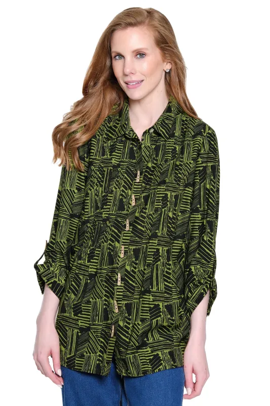 Print Tunic with Button Tab Sleeves - Olive sold by Ail Miles Clothing