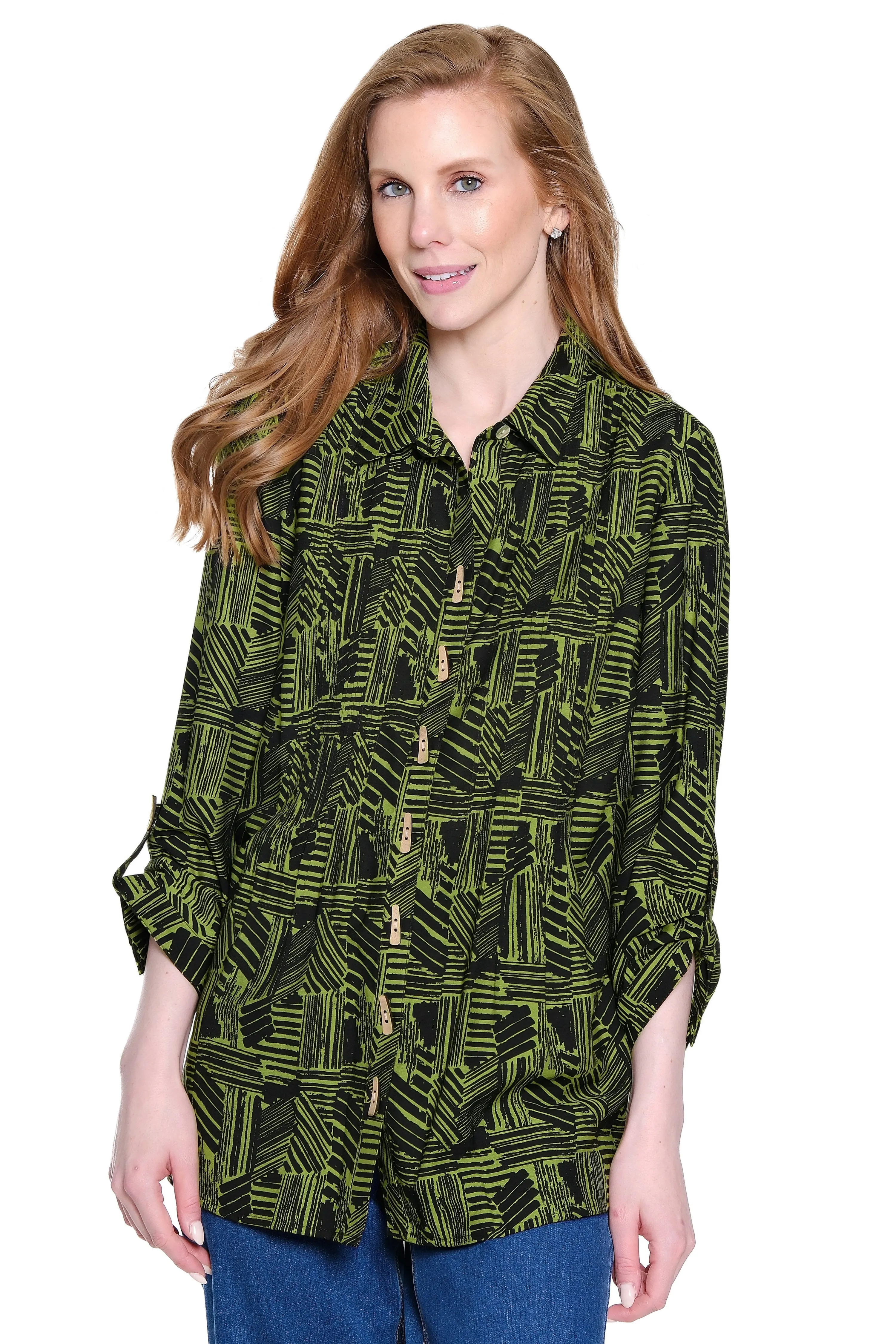 Print Tunic with Button Tab Sleeves - Olive sold by Ail Miles Clothing