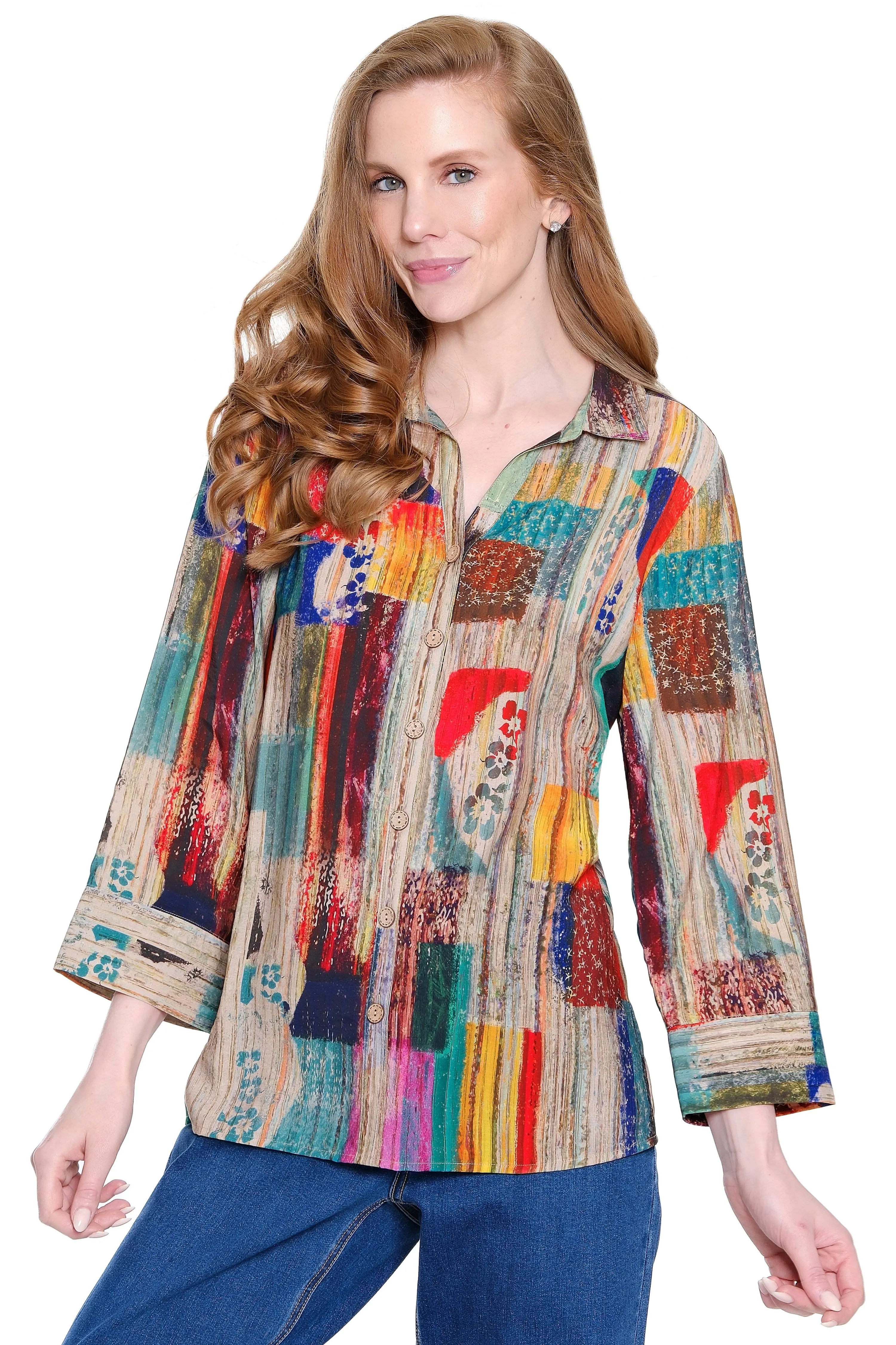 Woven Button-Front Tunic - Petite - Abstract Multi sold by Ail Miles Clothing