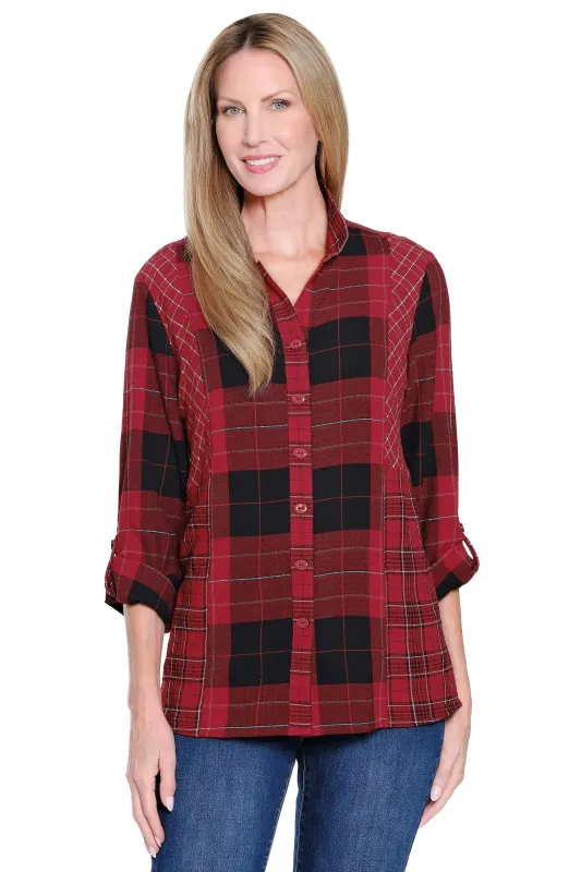 Knit Plaid Button-Front Tunic - Burgundy sold by Ail Miles Clothing