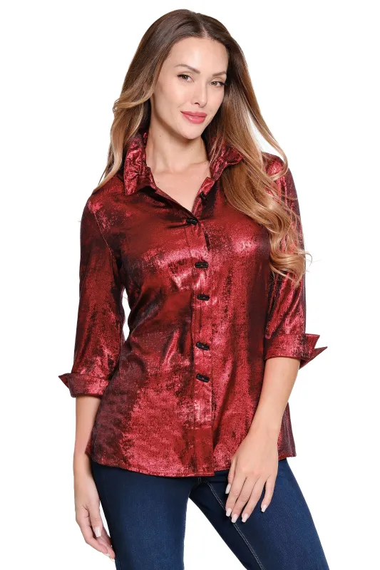 Shimmer Button Front Tunic - Crimson sold by Ail Miles Clothing