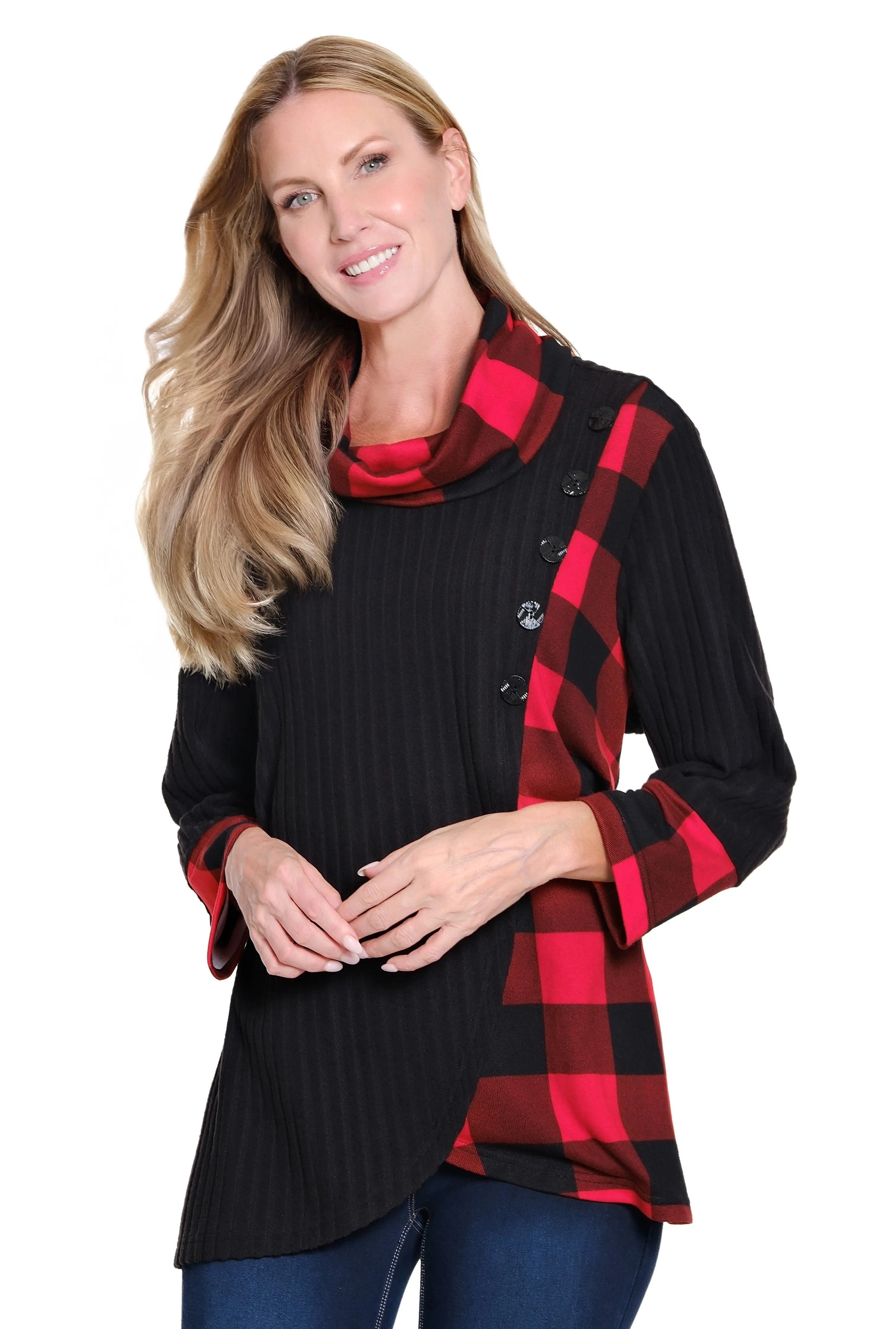 Plaid Cowl Neck Top - Petite - Black/Red Print sold by Ail Miles Clothing