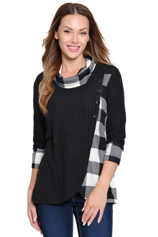 Plaid Cowl Neck Top - Black/White sold by Ail Miles Clothing