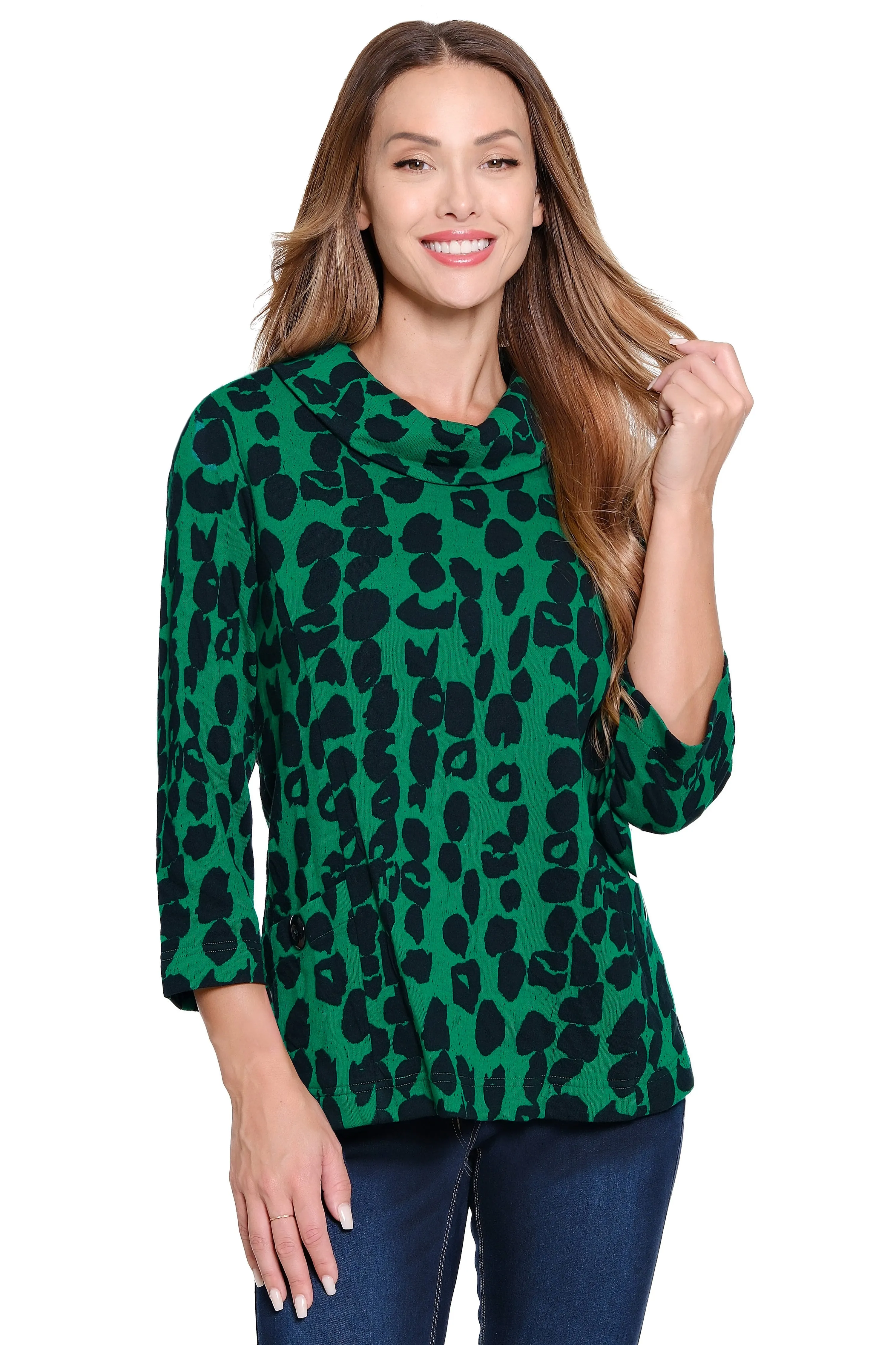 Jacquard Cowl Neck Tunic - Emerald sold by Ail Miles Clothing