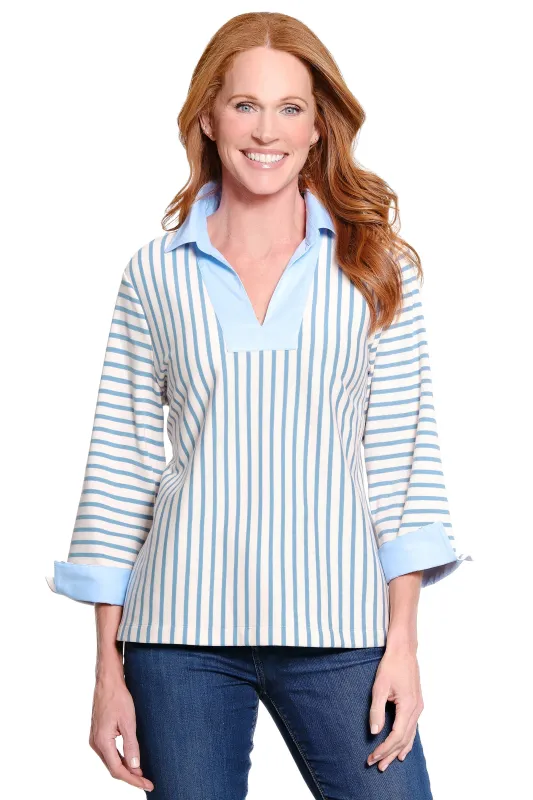 Knit Popover with Woven Trim - Stripe sold by Ail Miles Clothing