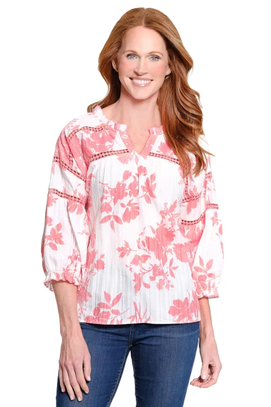 Lace-Inset Split-Neck Tunic - Multi Pink made by Ail Miles Clothing