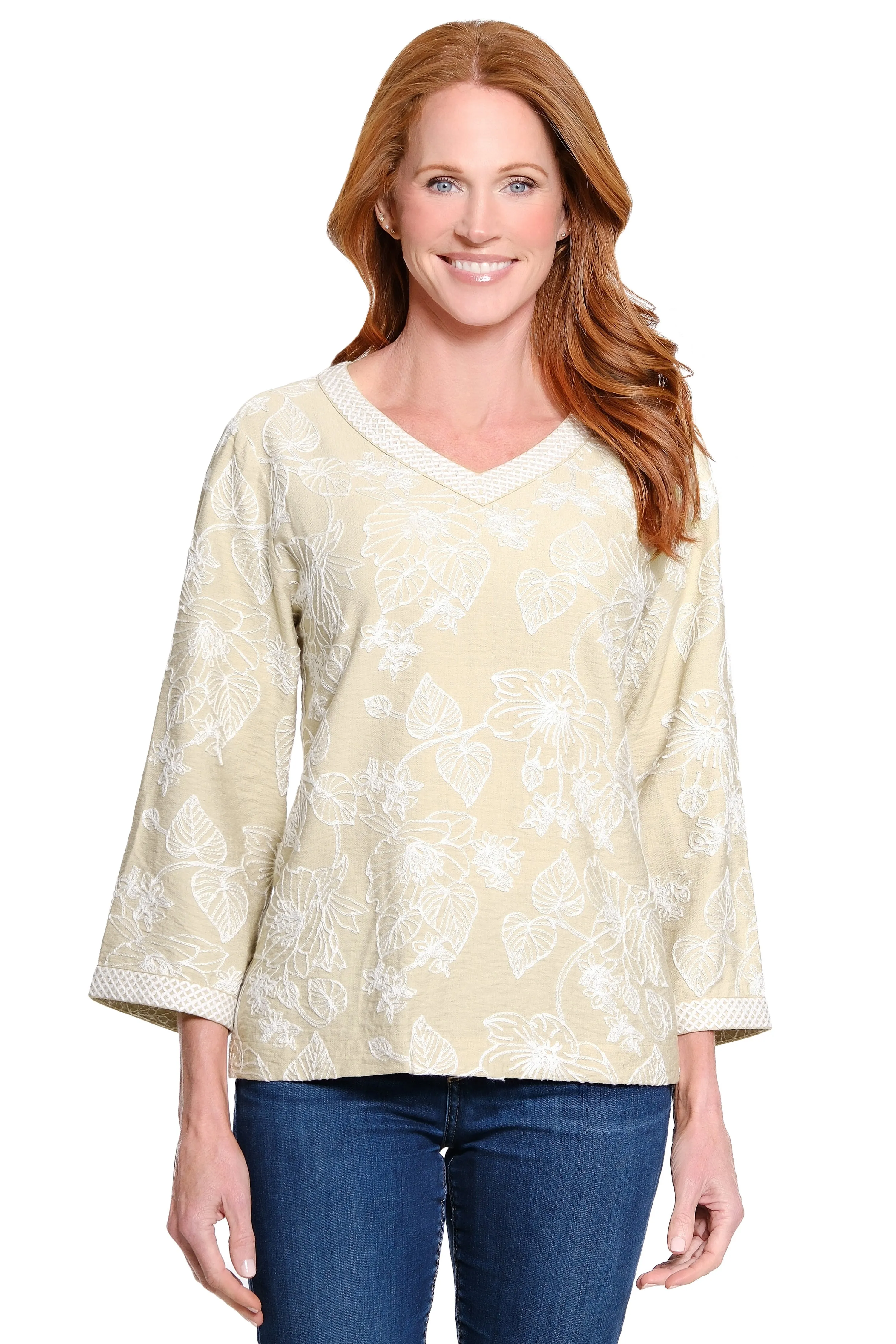 Embroidered V-Neck Tunic - Taupe sold by Ail Miles Clothing