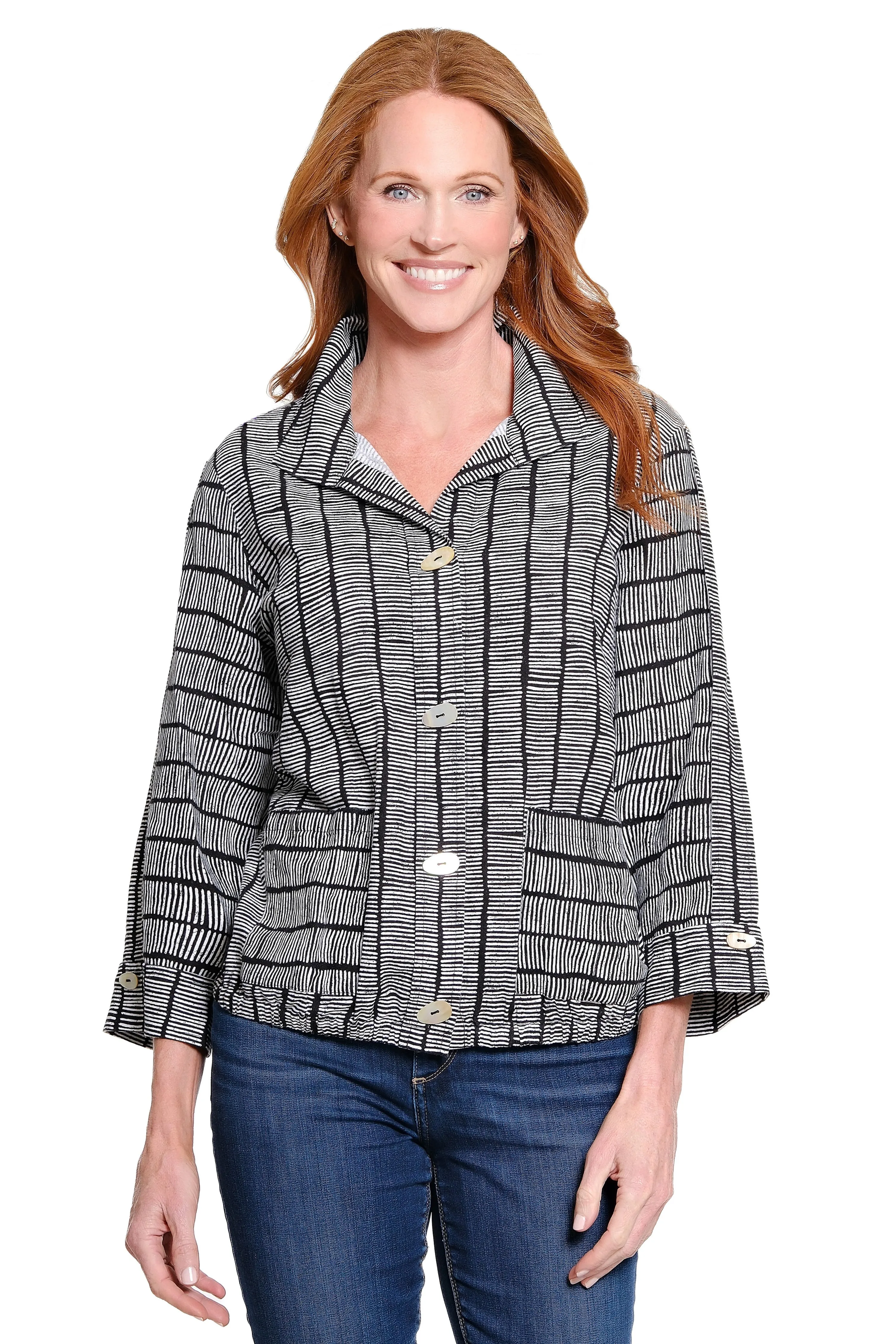 Point-Collar Woven Blouse - Plus - Charcoal Print sold by Ail Miles Clothing