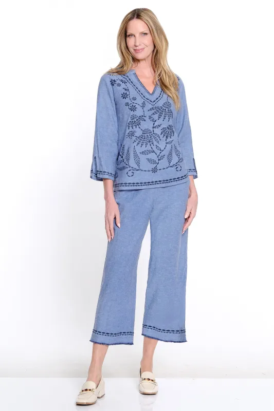 Embroidered Woven Pant with Frayed Hem - Petite - Medium Denim made by Ail Miles Clothing