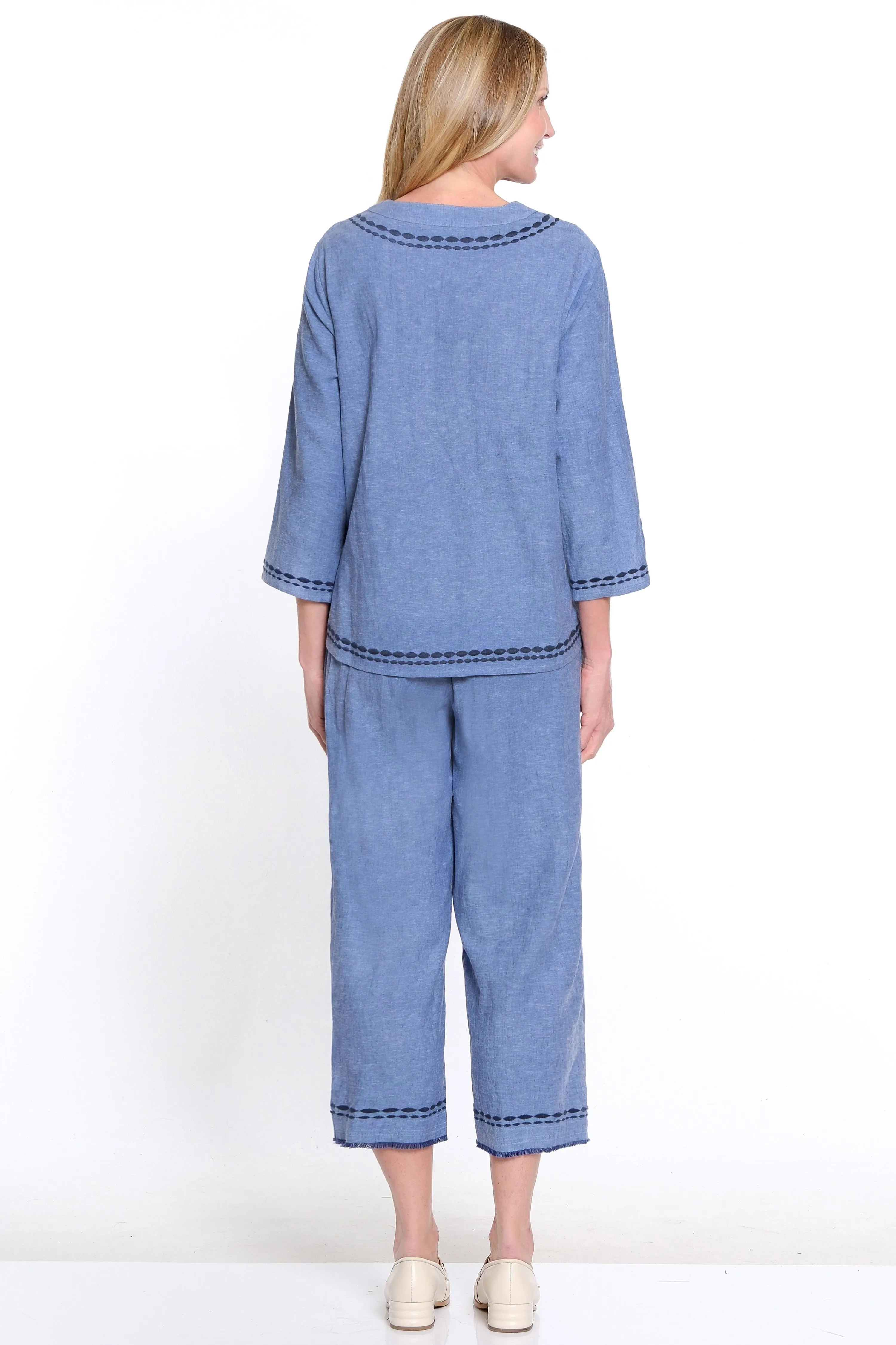 Embroidered Woven Pant with Frayed Hem - Petite - Medium Denim sold by Ail Miles Clothing product image thumbnail 2