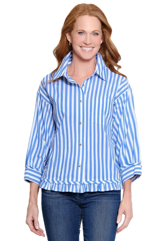 Button Front Top with Tiered Ruffle Hem - Plus - Blue Stripe made by Ail Miles Clothing