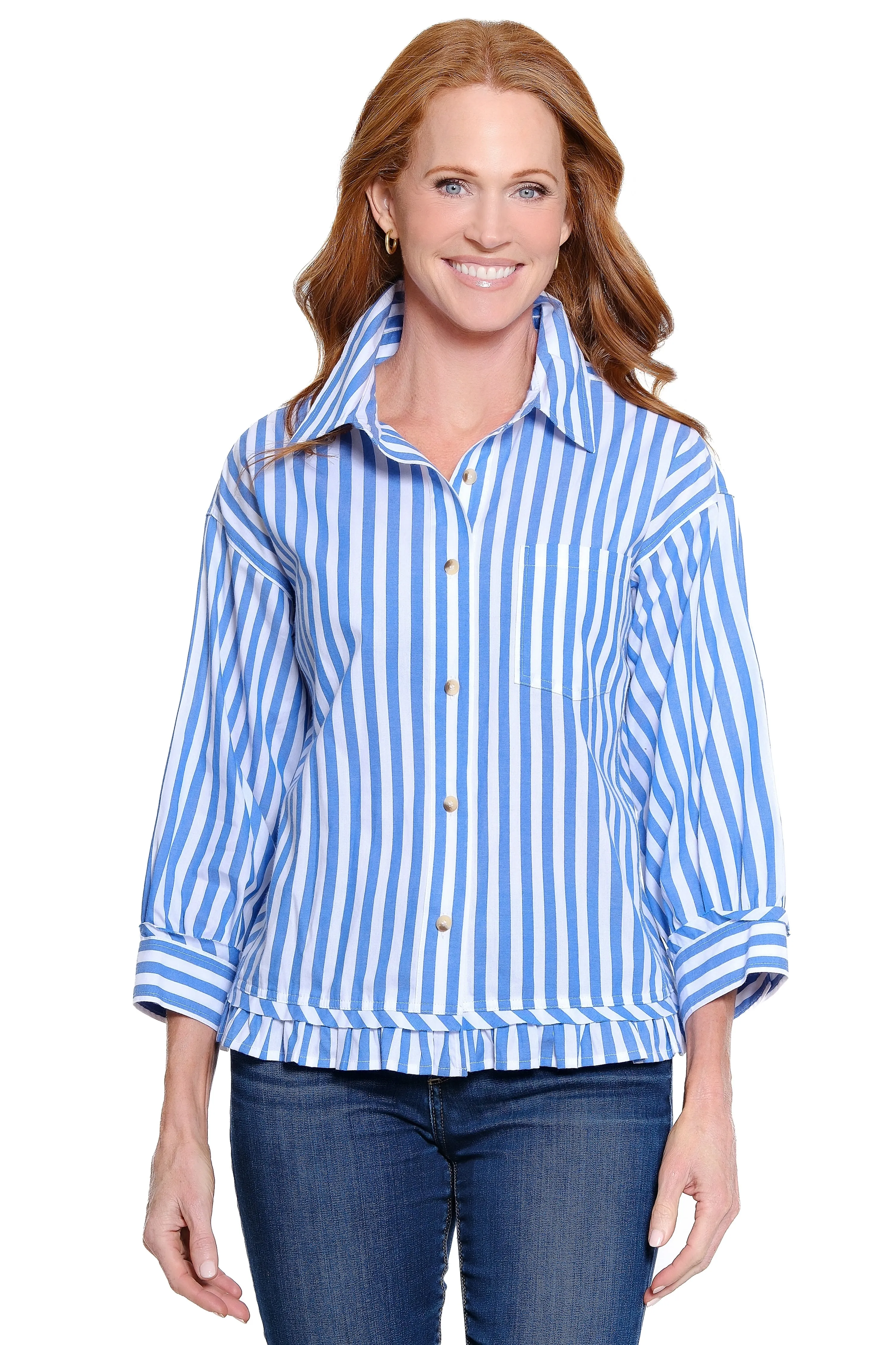 Button Front Top with Tiered Ruffle Hem - Plus - Blue Stripe sold by Ail Miles Clothing