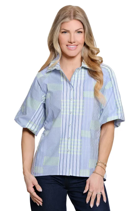 Woven Cotton Button Front Top with Point Collar - Blue made by Ail Miles Clothing