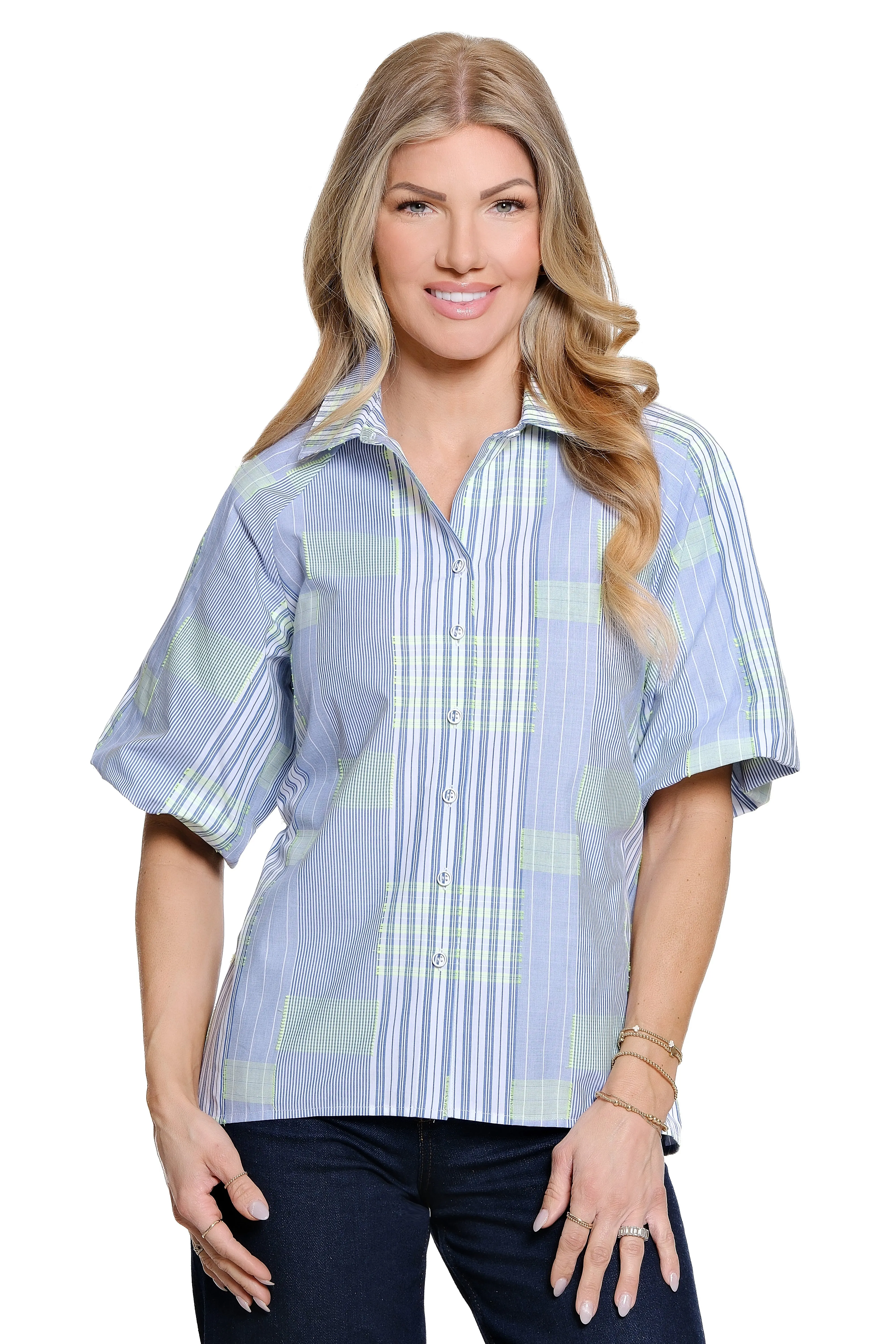 Woven Cotton Button Front Top with Point Collar - Blue sold by Ail Miles Clothing