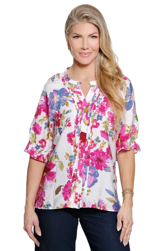 Woven Button-Front Tunic with Pleat Details - Plus - Floral Multi made by Ail Miles Clothing