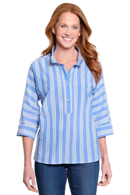 Woven Cotton Pop-Over Tunic with Wire Neck - Plus - Blue Stripe made by Ail Miles Clothing