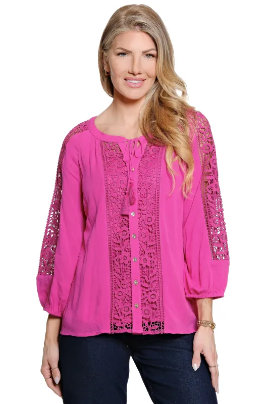 Woven Button Front Tunic with Lace Panels - Plus - Raspberry Rose made by Ail Miles Clothing