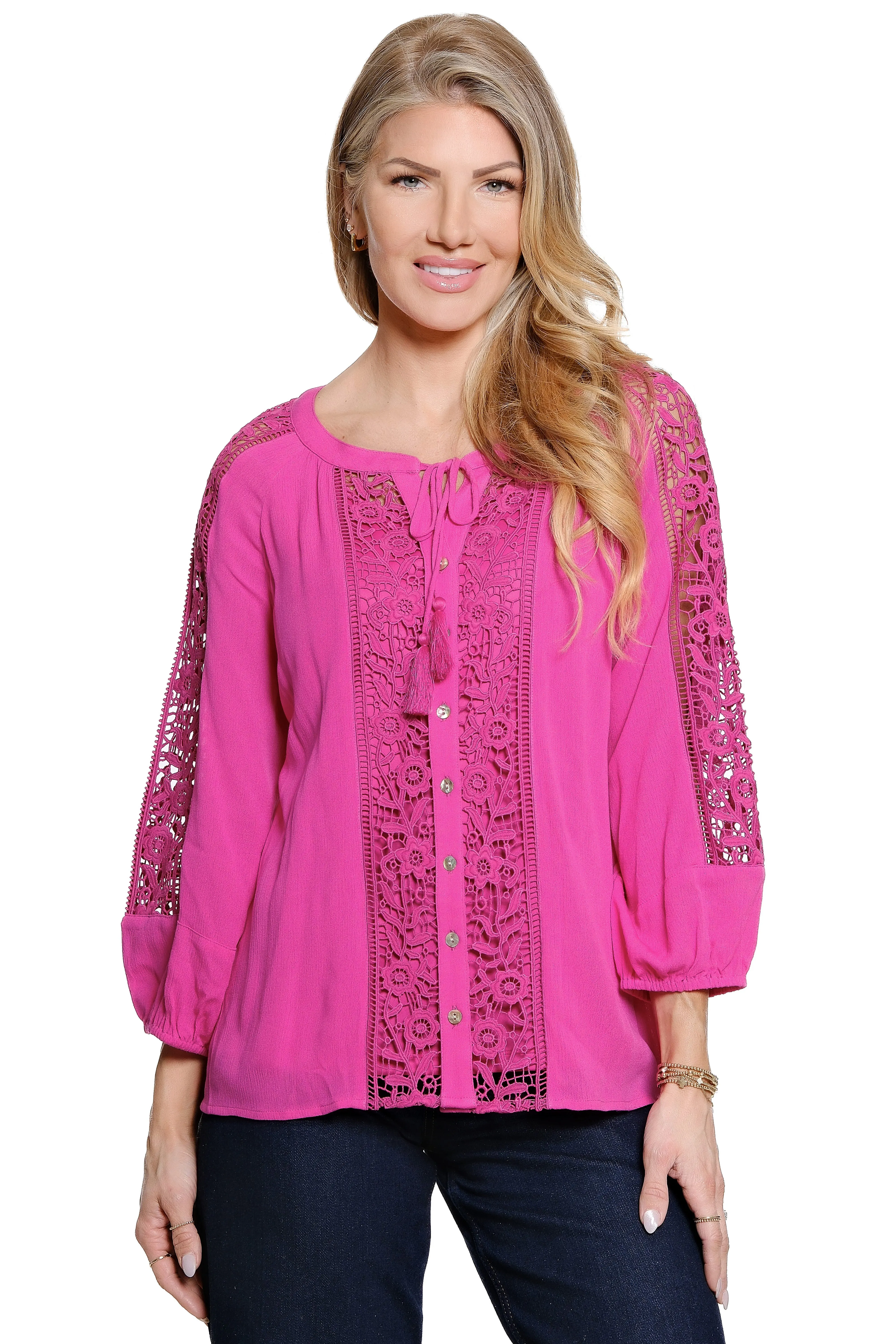 Woven Button Front Tunic with Lace Panels - Plus - Raspberry Rose sold by Ail Miles Clothing