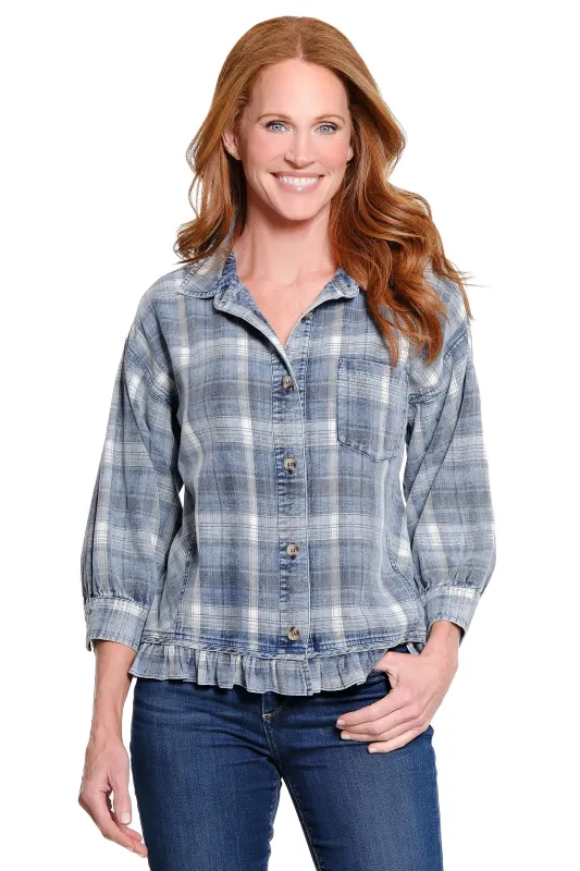 Button Front Top with Ruffle Hem - Petite - Light Denim made by Ail Miles Clothing