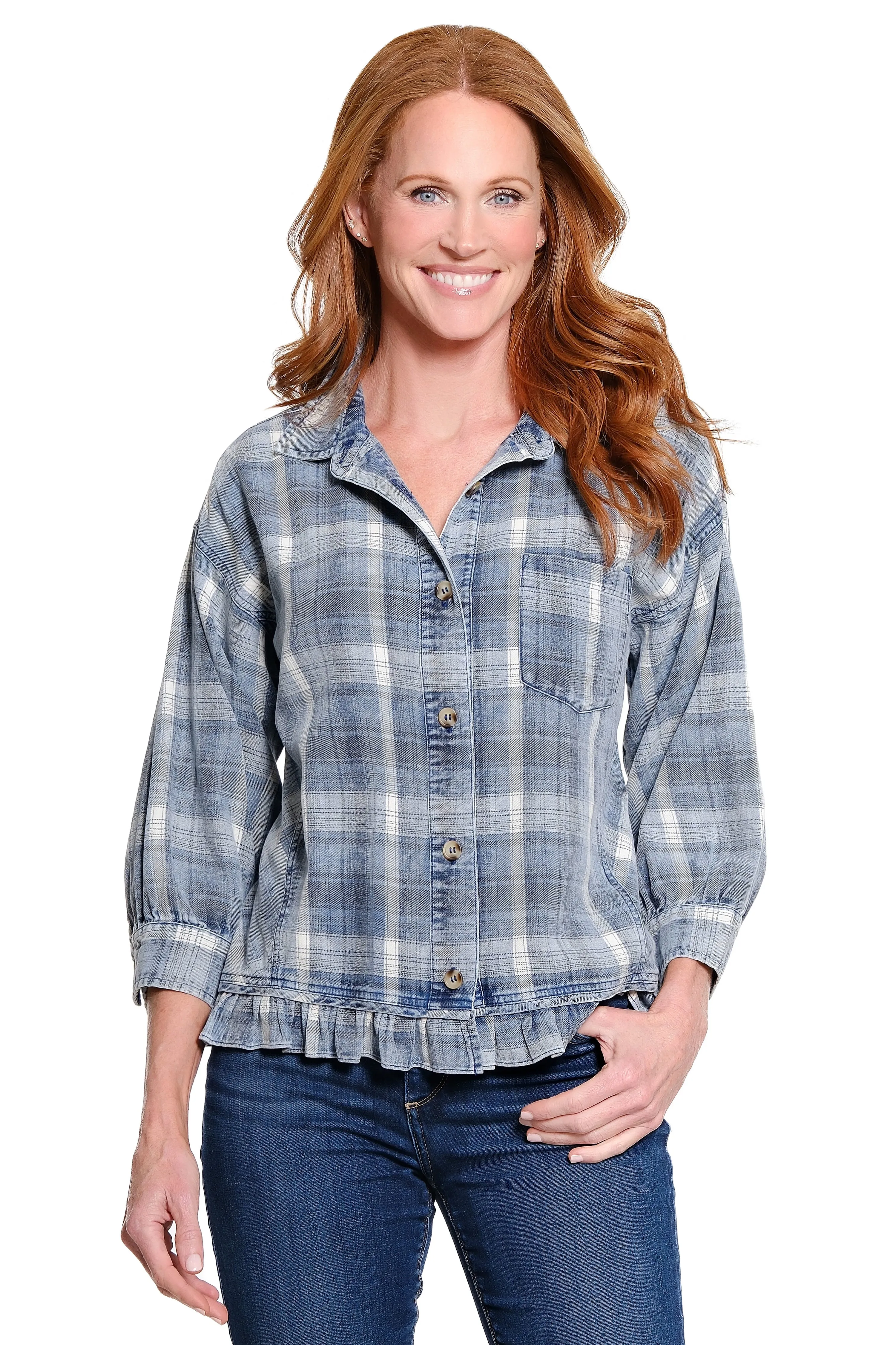 Button Front Top with Ruffle Hem - Petite - Light Denim sold by Ail Miles Clothing