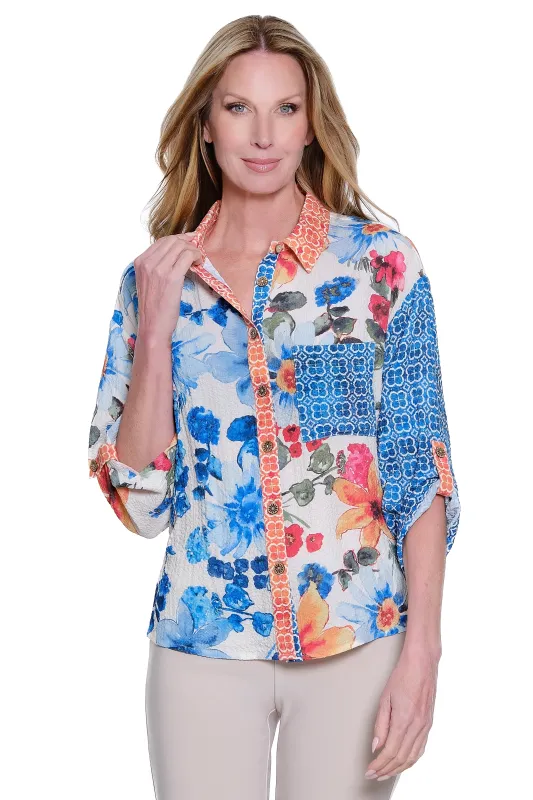 Floral Button Front Top - Petite - Floral Multi made by Ail Miles Clothing