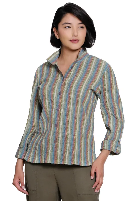 Textured Knit Button Front Top with Point Collar and 3/4 Roll-Tab Sleeves - Multi made by Ail Miles Clothing