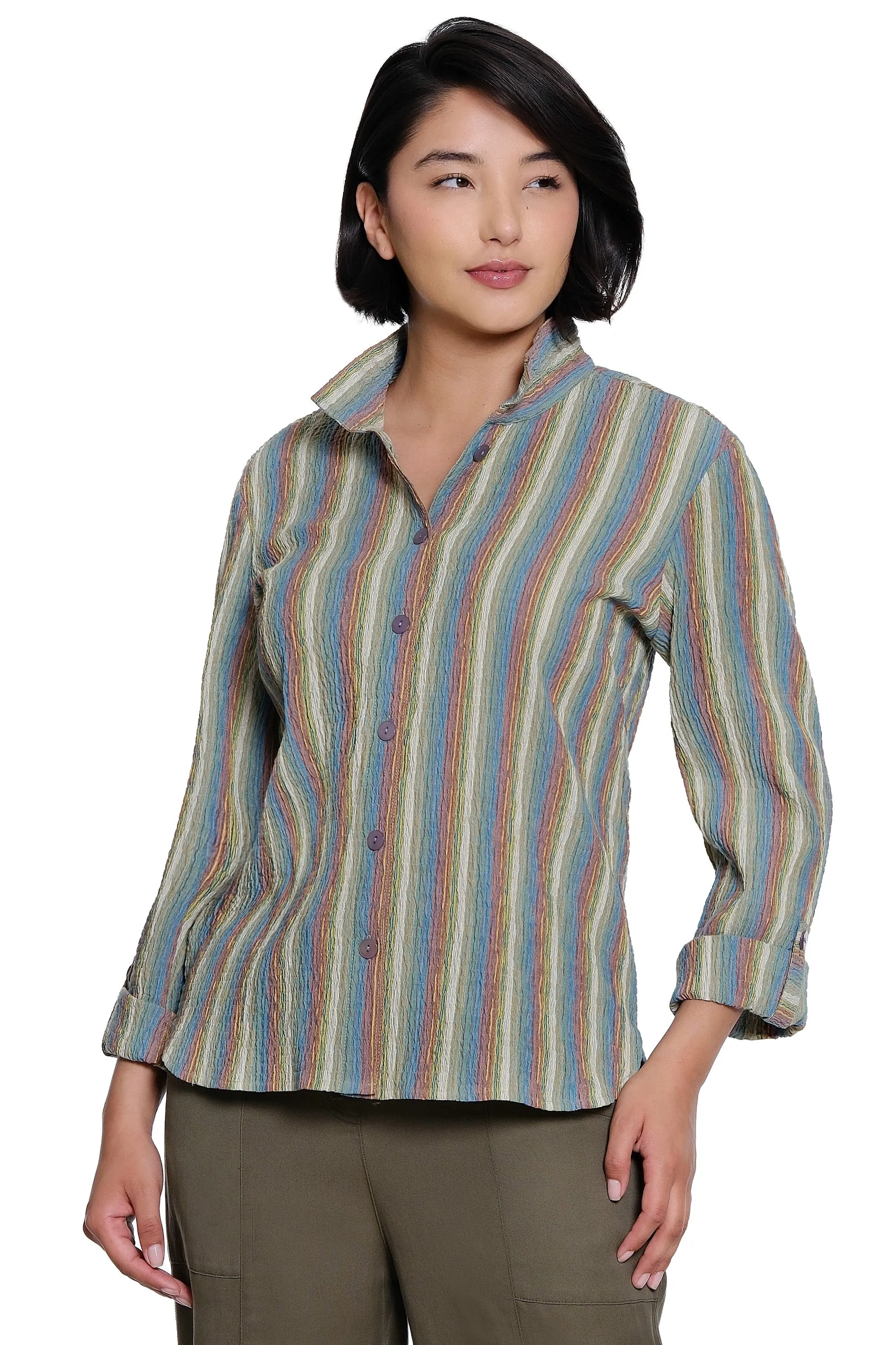 Textured Knit Button Front Top with Point Collar and 3/4 Roll-Tab Sleeves - Multi sold by Ail Miles Clothing