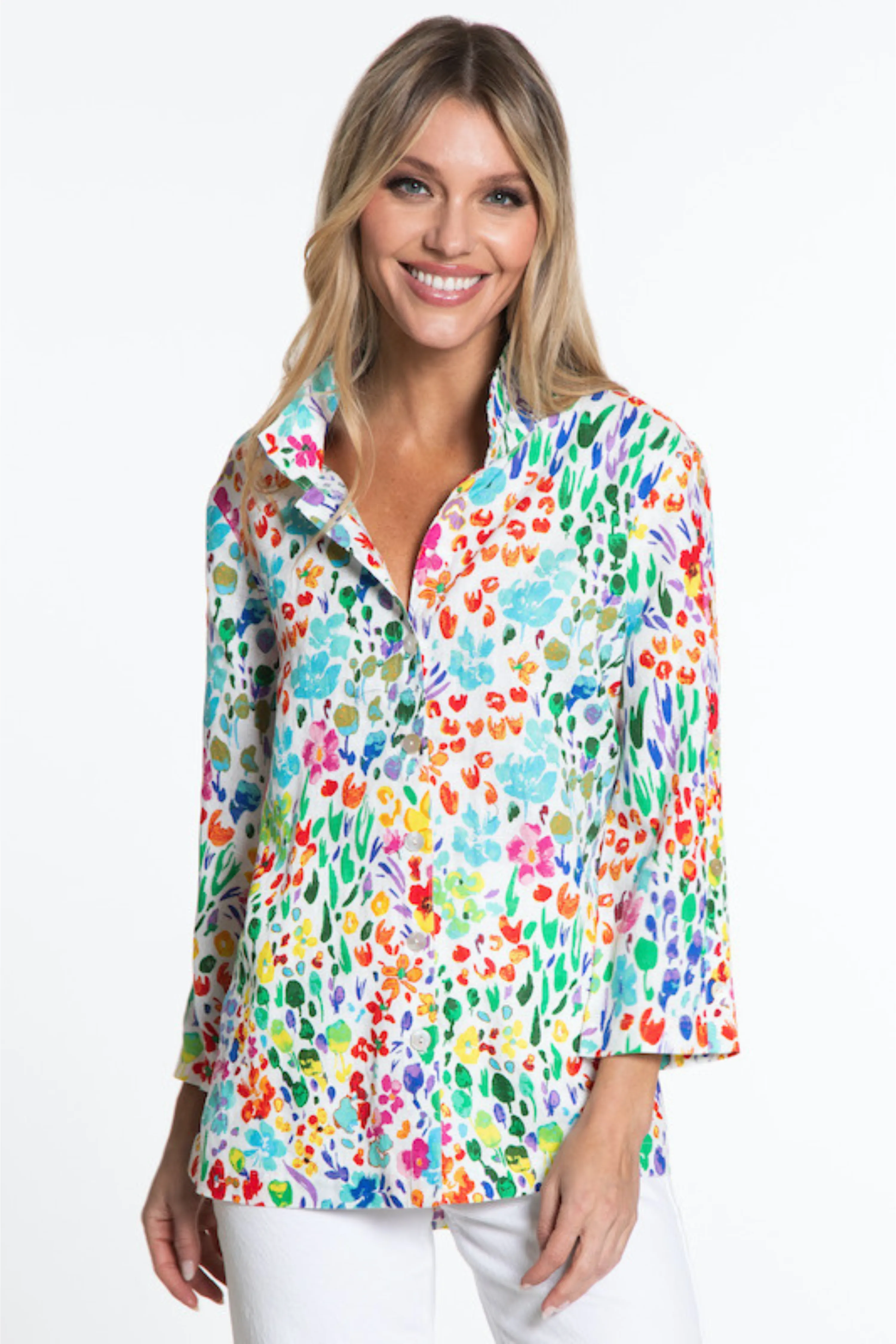 Woven Printed Button Front Tunic- Petite- Floral Multi sold by Ail Miles Clothing