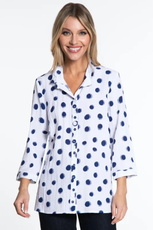 Printed Woven Button Front Tunic- Petite- Navy Print sold by Ail Miles Clothing