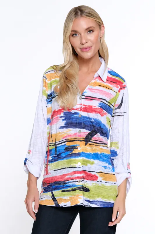 Crinkle Knit Button Down Tunic - Petite - Multicolor sold by Ail Miles Clothing