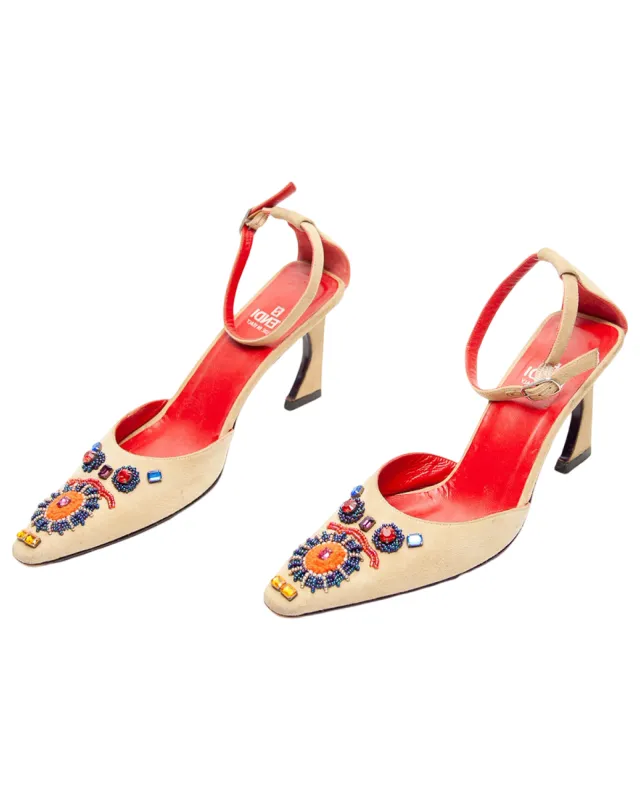 Fendi Size 7 M Beaded Suede Camel Trophy Pointed Toe Heels Made In Italy sold by Banks Jewelry