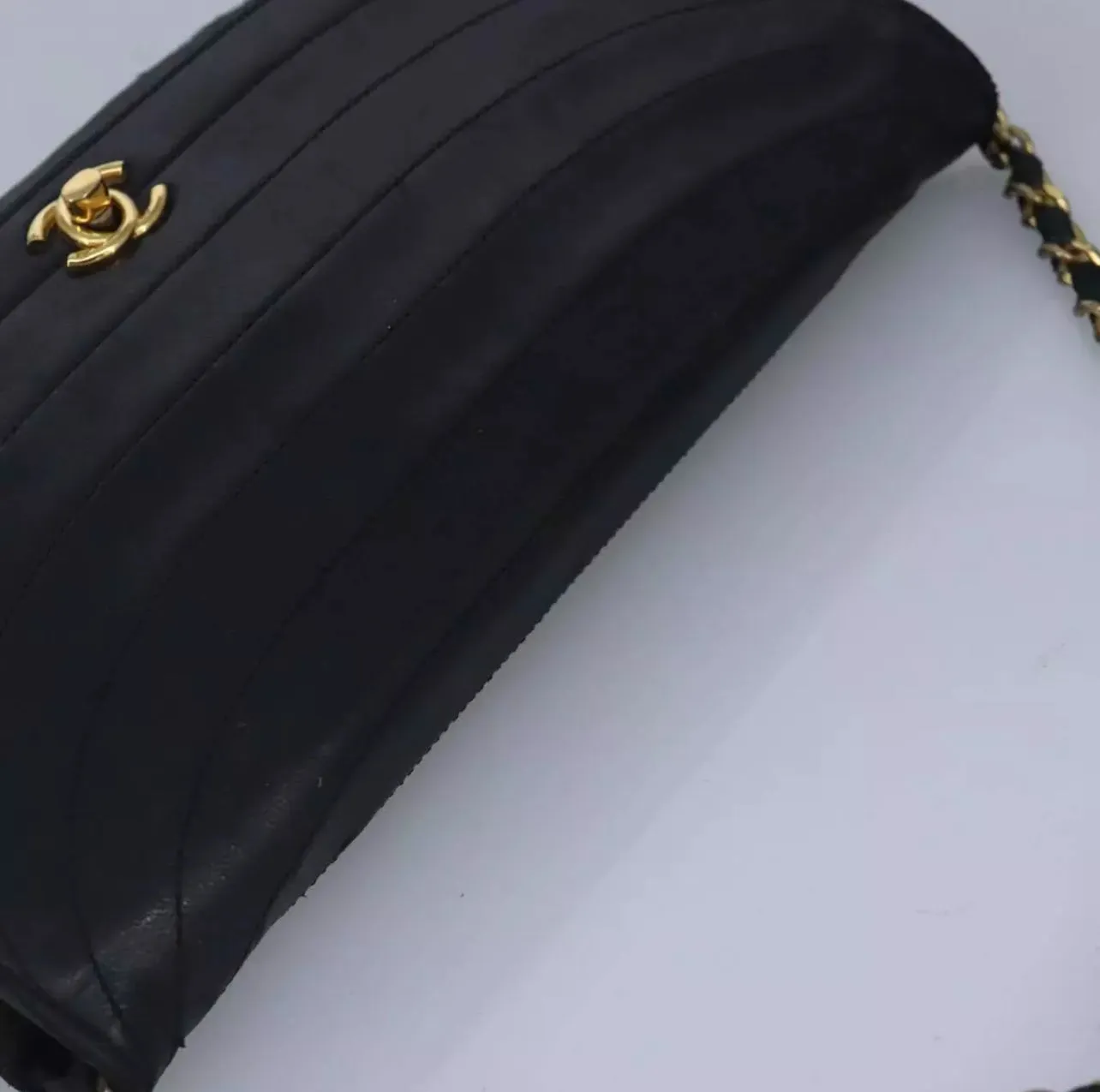 RARE VINTAGE CHANEL Chain Shoulder Bag Lamb Skin Black Gold sold by Banks Jewelry product image thumbnail 5